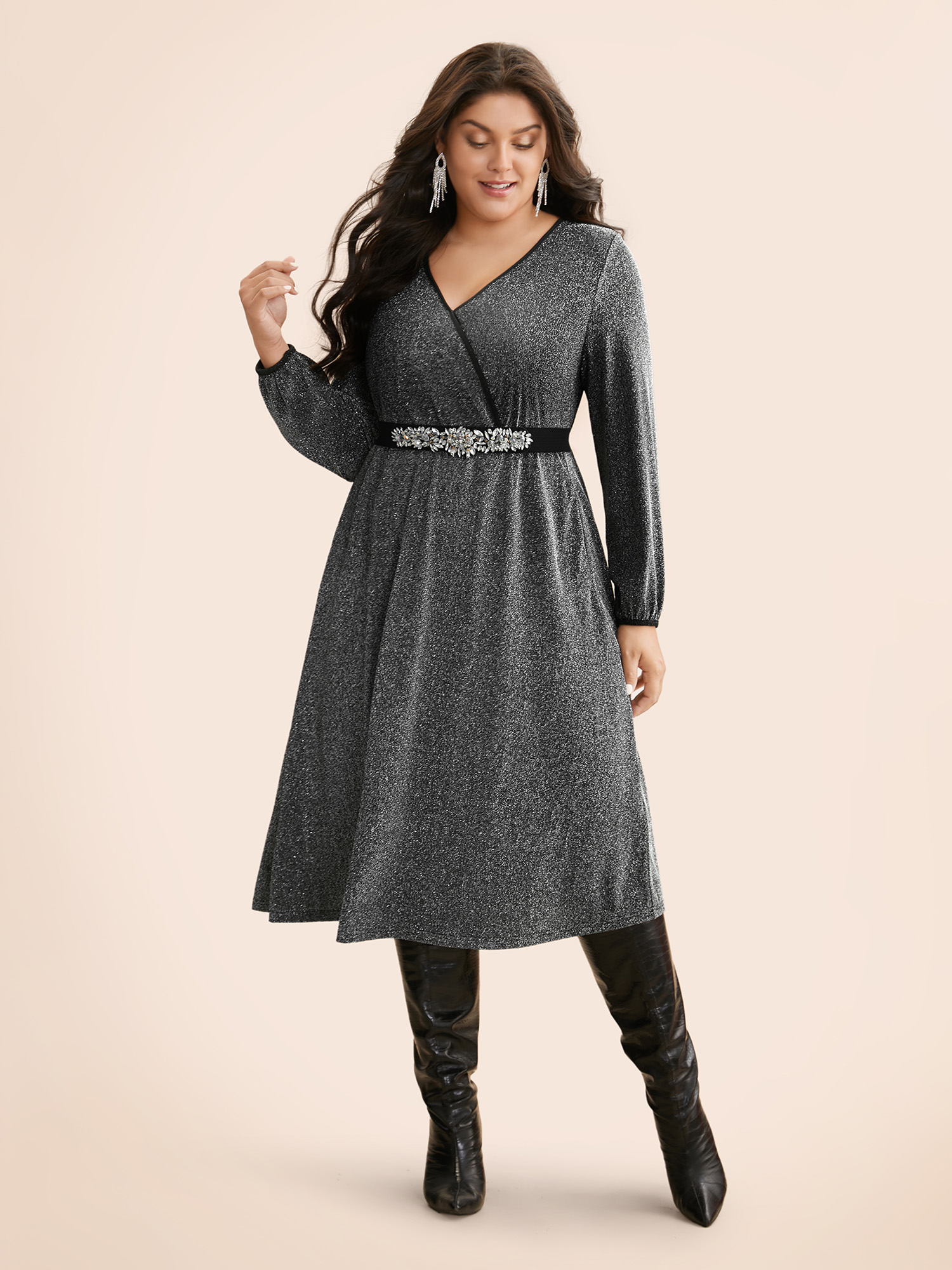 

Plus Size Overlap Collar Luxe Lantern Sleeve Dress Black Women Cocktail Texture Party Curvy Bloomchic