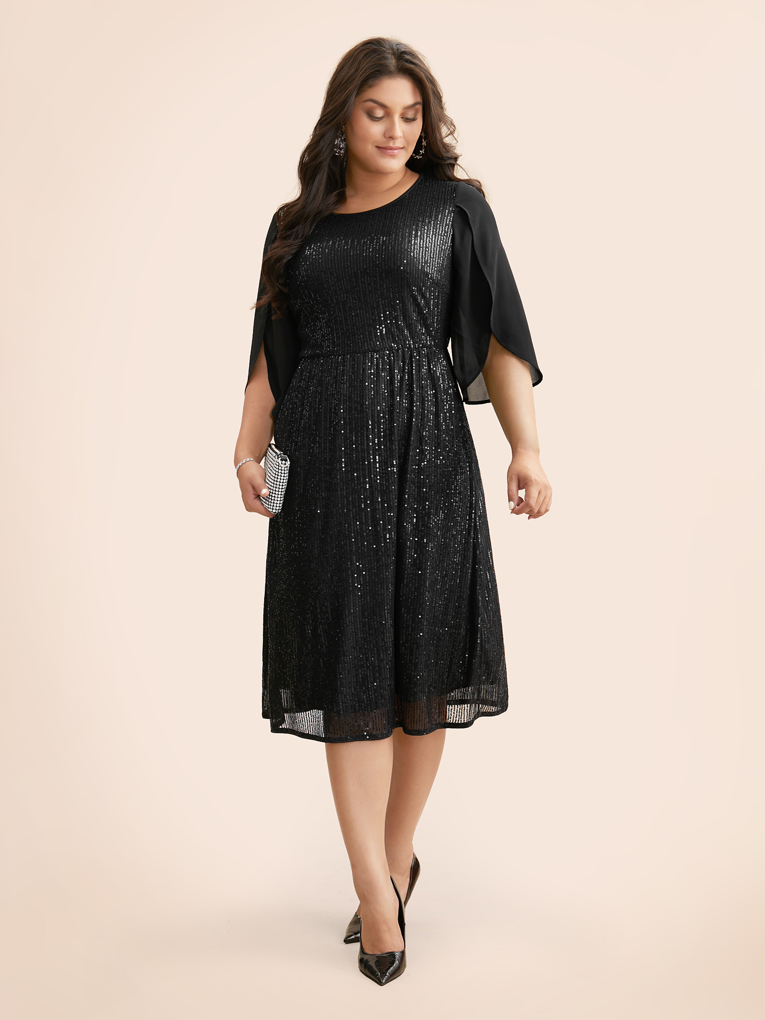 

Plus Size Sequin Mesh Patchwork Petal Sleeve Dress Pureblack Women Cocktail Overlapping Party Curvy Bloomchic