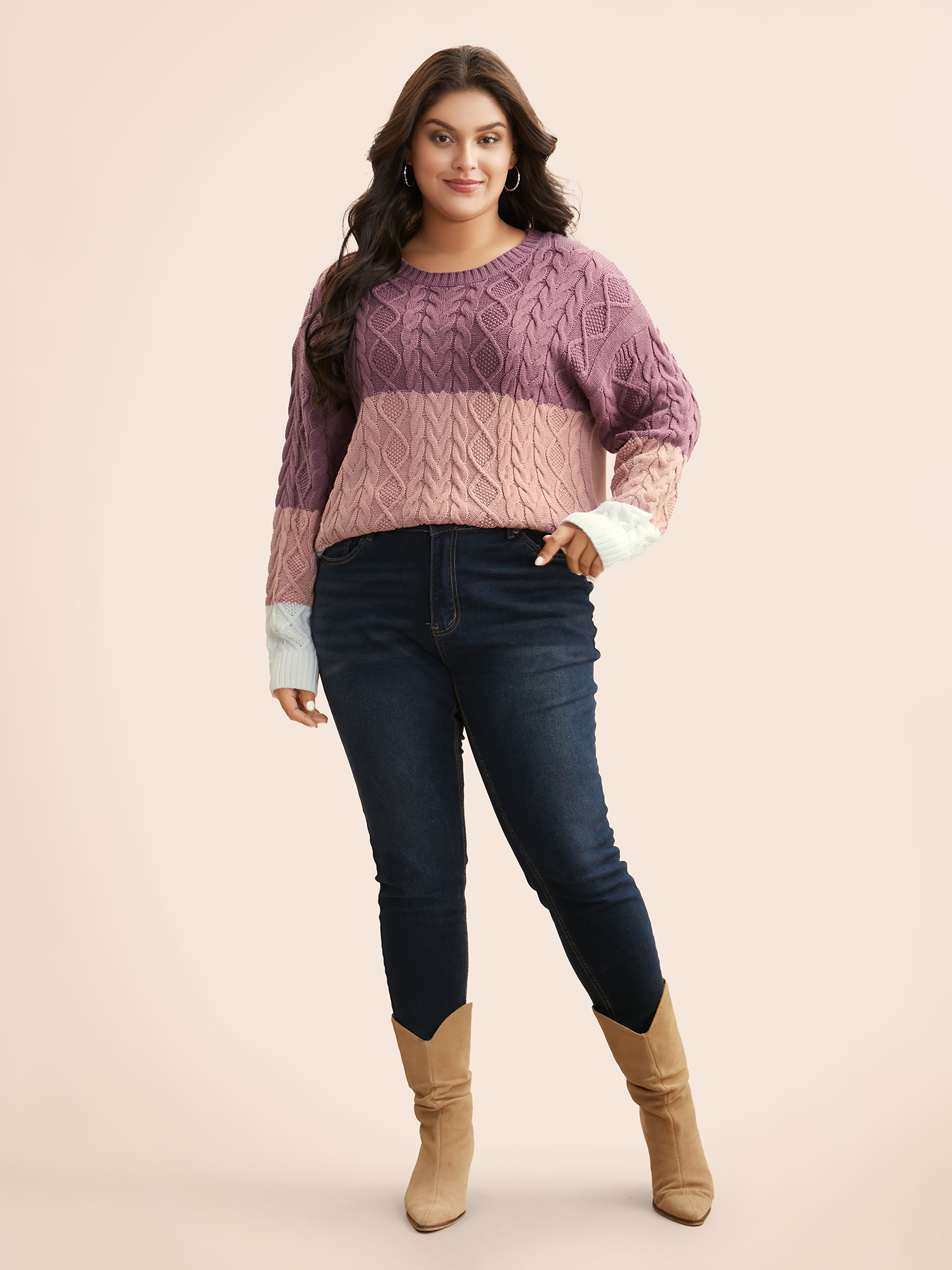 

Plus Size Contrast Cable Knit Arc Hem Pullover Lilac Women Casual Loose Long Sleeve Round Neck Everyday Pullovers BloomChic