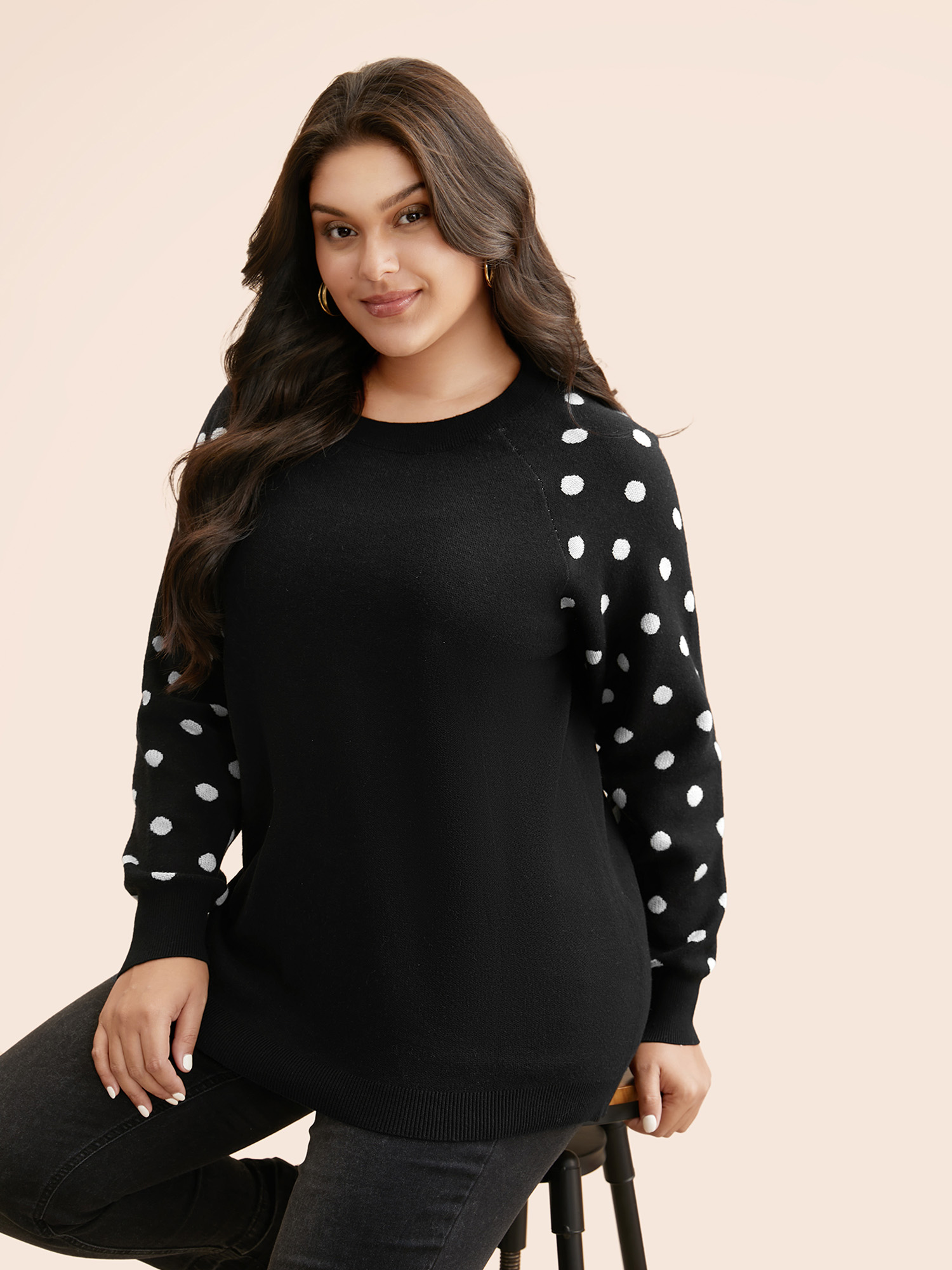 

Plus Size Polka Dot Crew Neck Raglan Sleeve Pullover Black Women Casual Loose Long Sleeve Round Neck Everyday Pullovers BloomChic