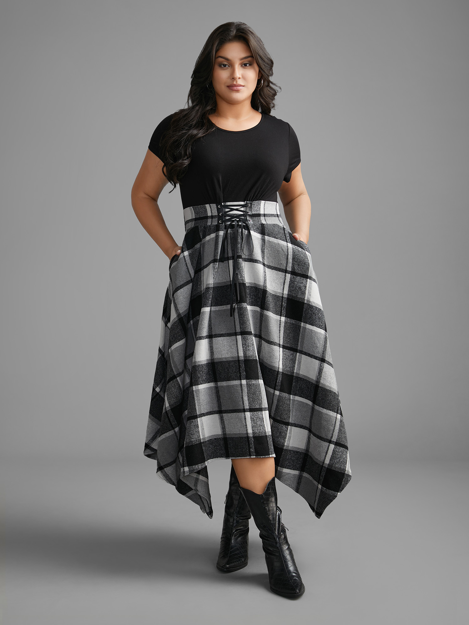 

Plus Size Elastic Plaid Asymmetrical Hem Dress Black Women Cocktail Wraparound straps Party Curvy Bloomchic