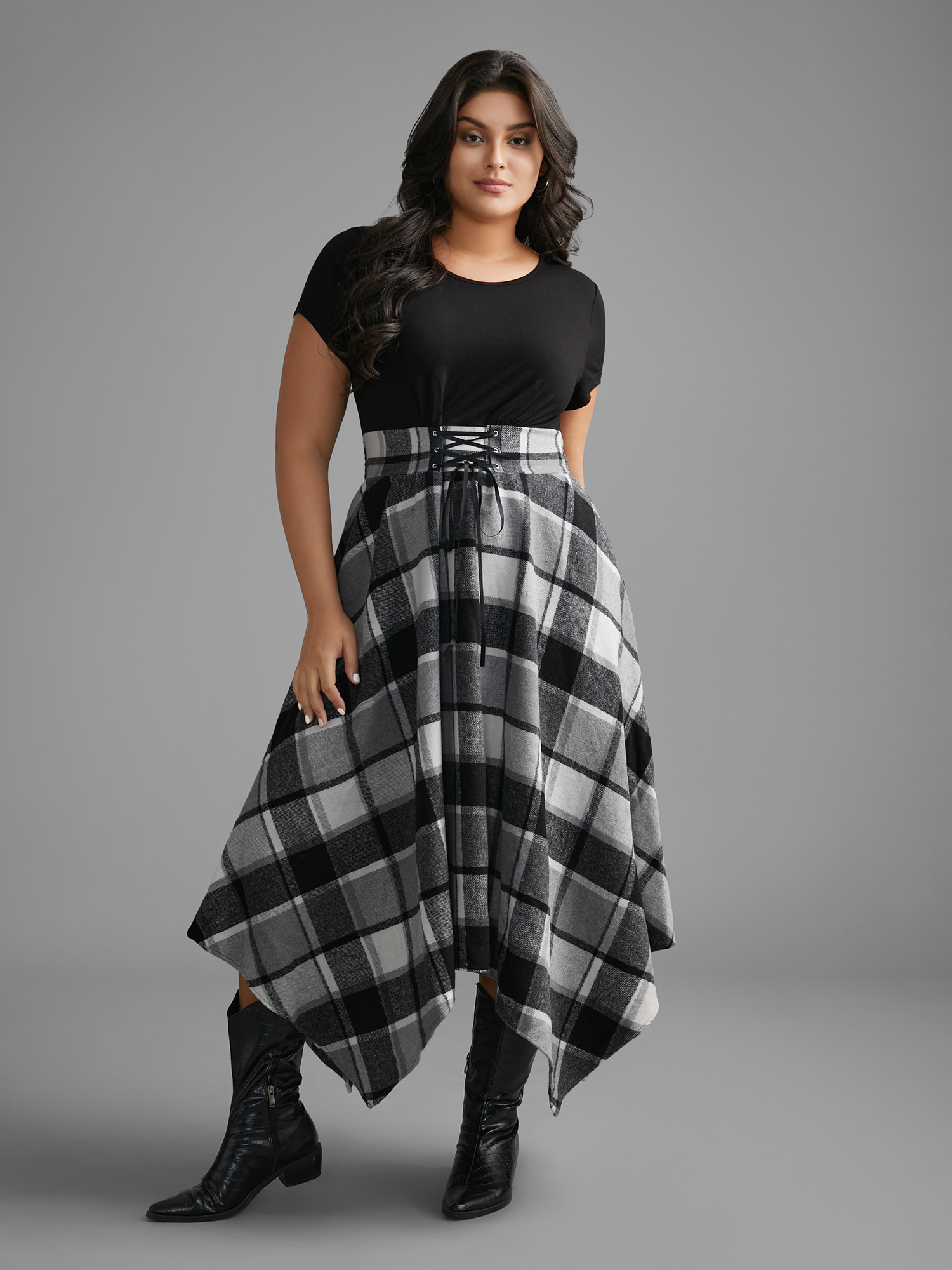 

Plus Size Elastic Plaid Asymmetrical Hem Dress Black Women Cocktail Wraparound straps Party Curvy Bloomchic