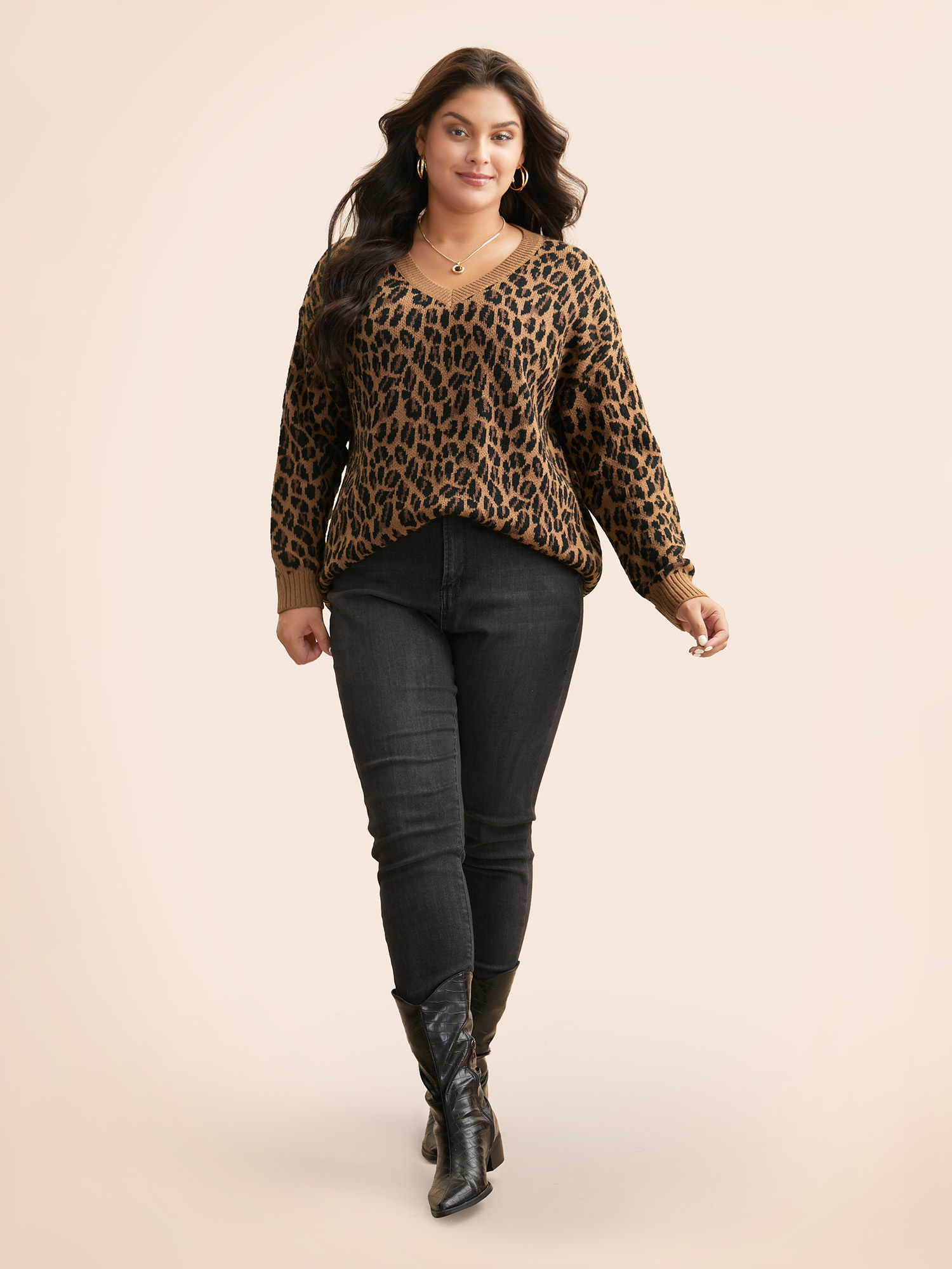 

Plus Size V Neck Leopard Print Jacquard Pullover Yellowishbrown Women Casual Loose Long Sleeve V-neck Everyday Pullovers BloomChic