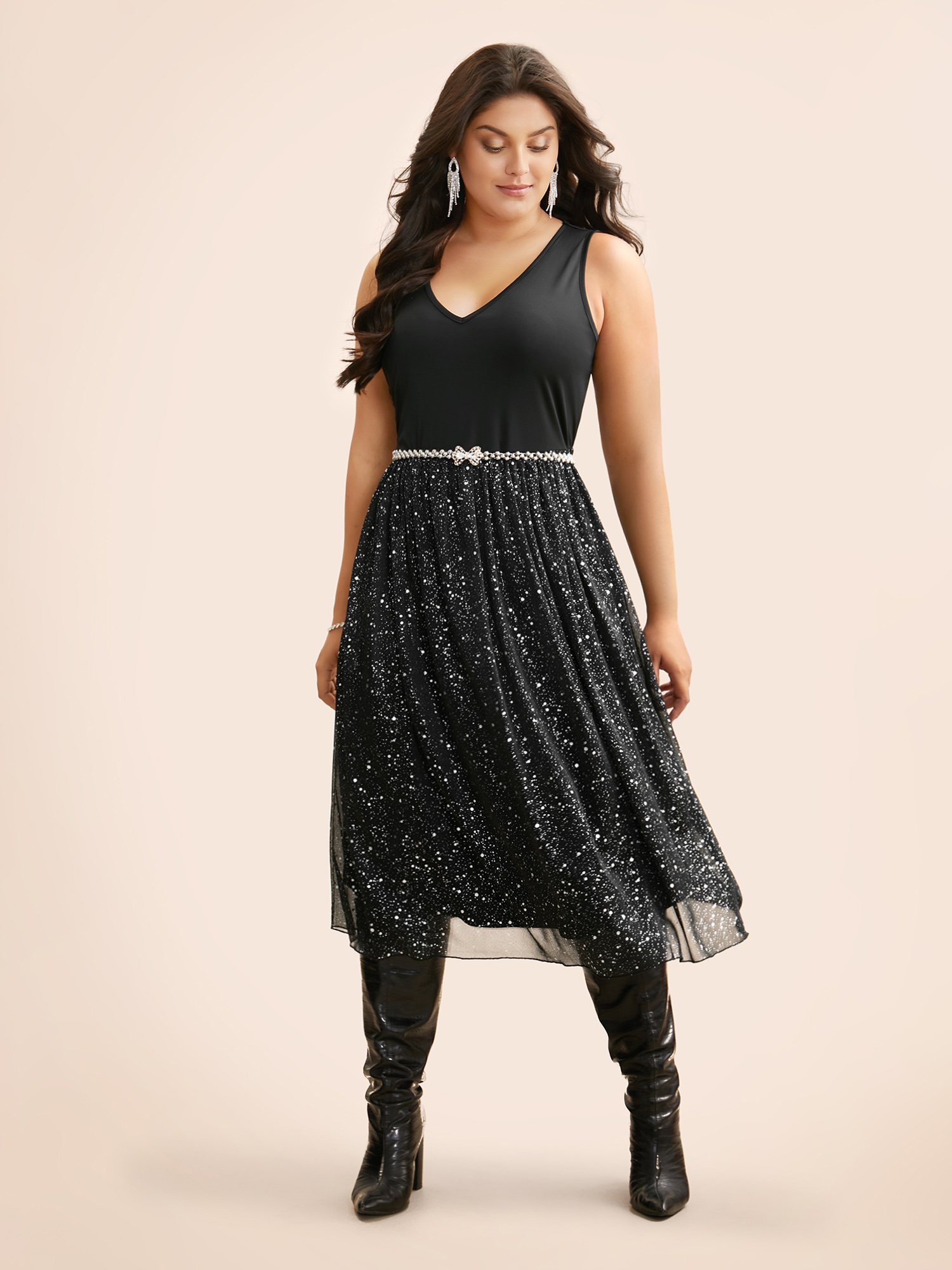 

Plus Size V Neck Glitter Patchwork Tank Dress Black Women Cocktail Texture Party Curvy Bloomchic