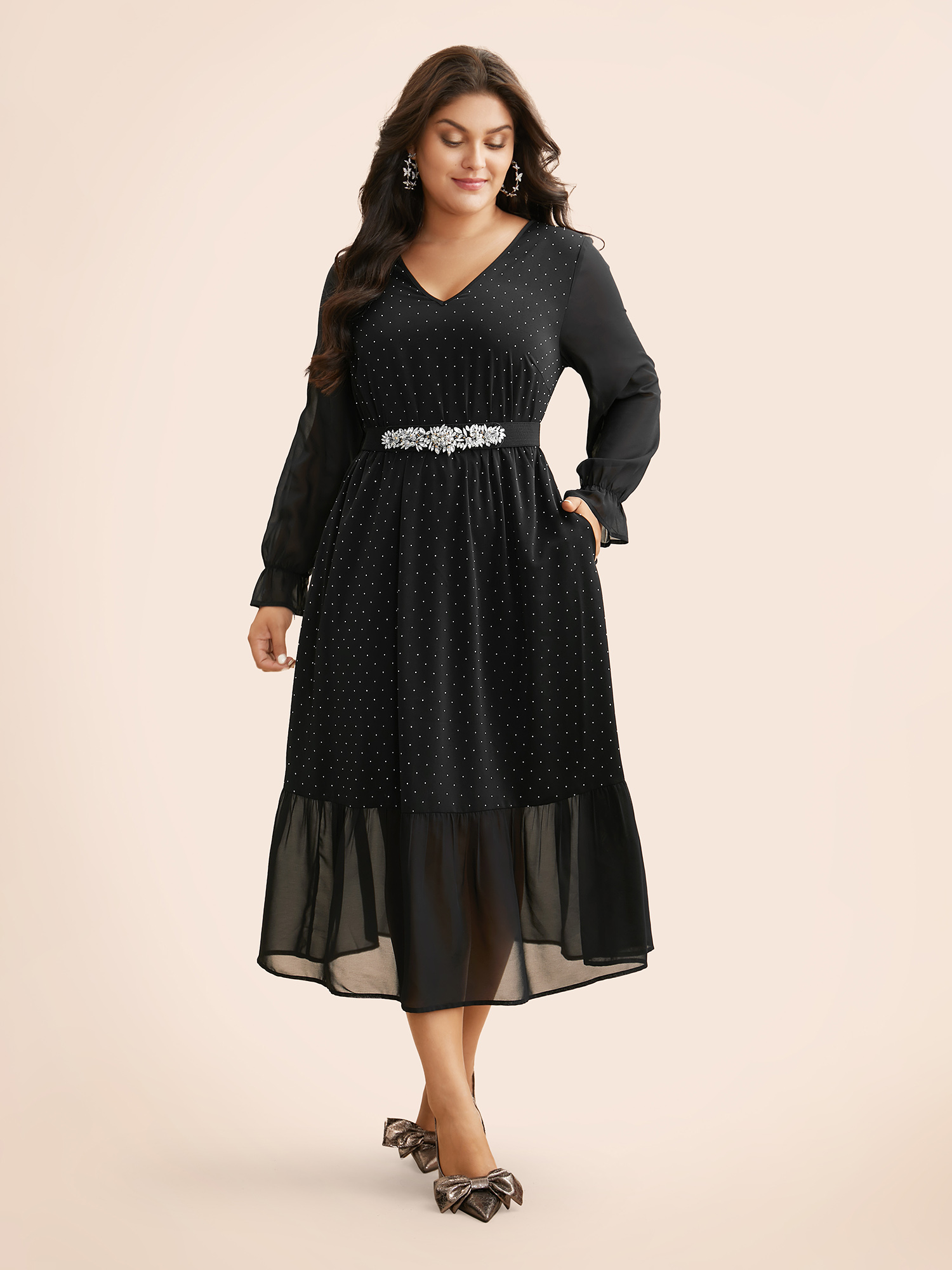 

Plus Size V Neck Rhinestone Patchwork Ruffles Dress Pureblack Women Cocktail Rhinestone detailing Party Curvy Bloomchic