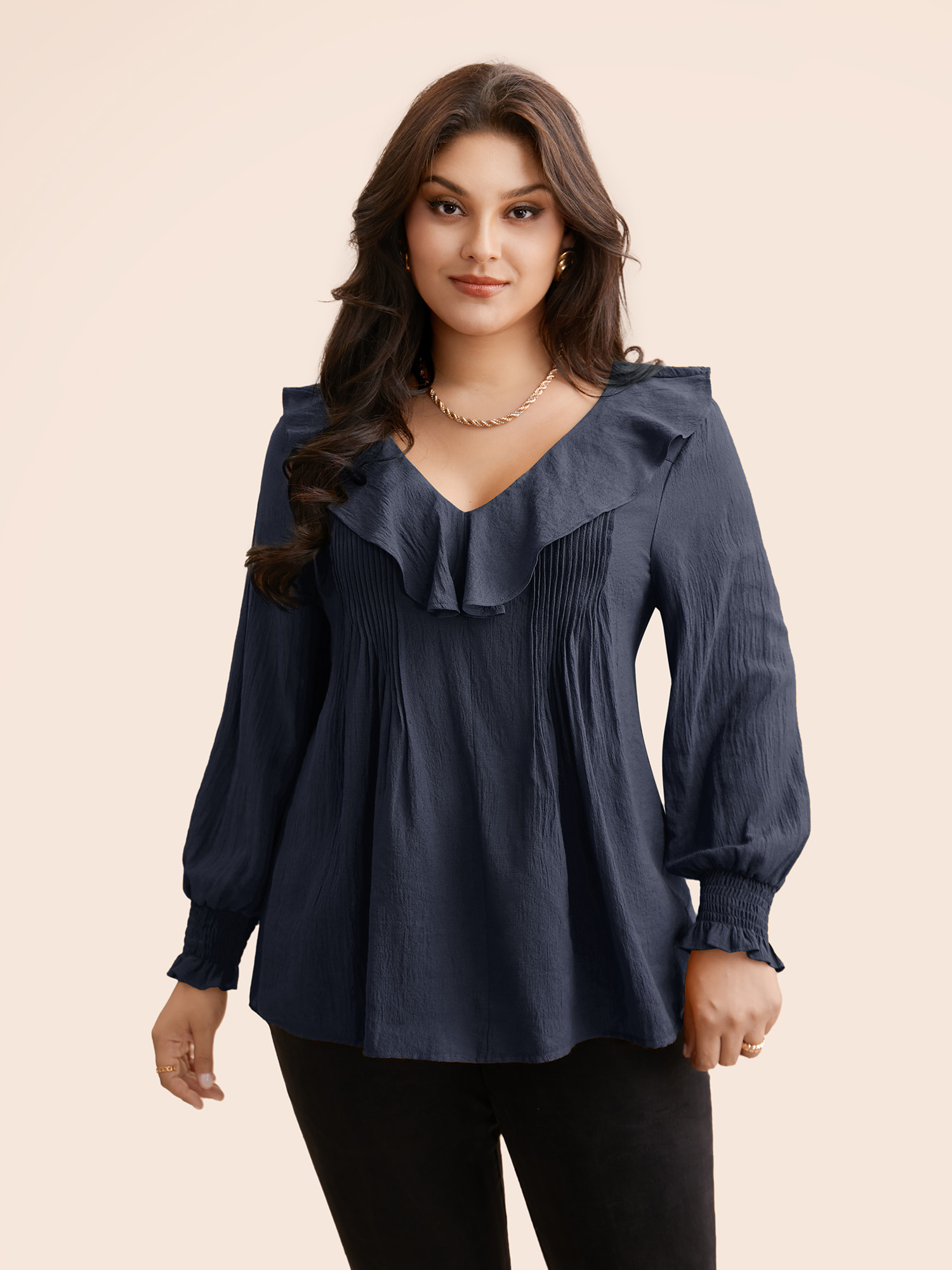 

Plus Size Indigo Solid Texture Pleated Ruffle Trim Blouse Women Elegant Long Sleeve Deep V-neck Everyday Blouses BloomChic