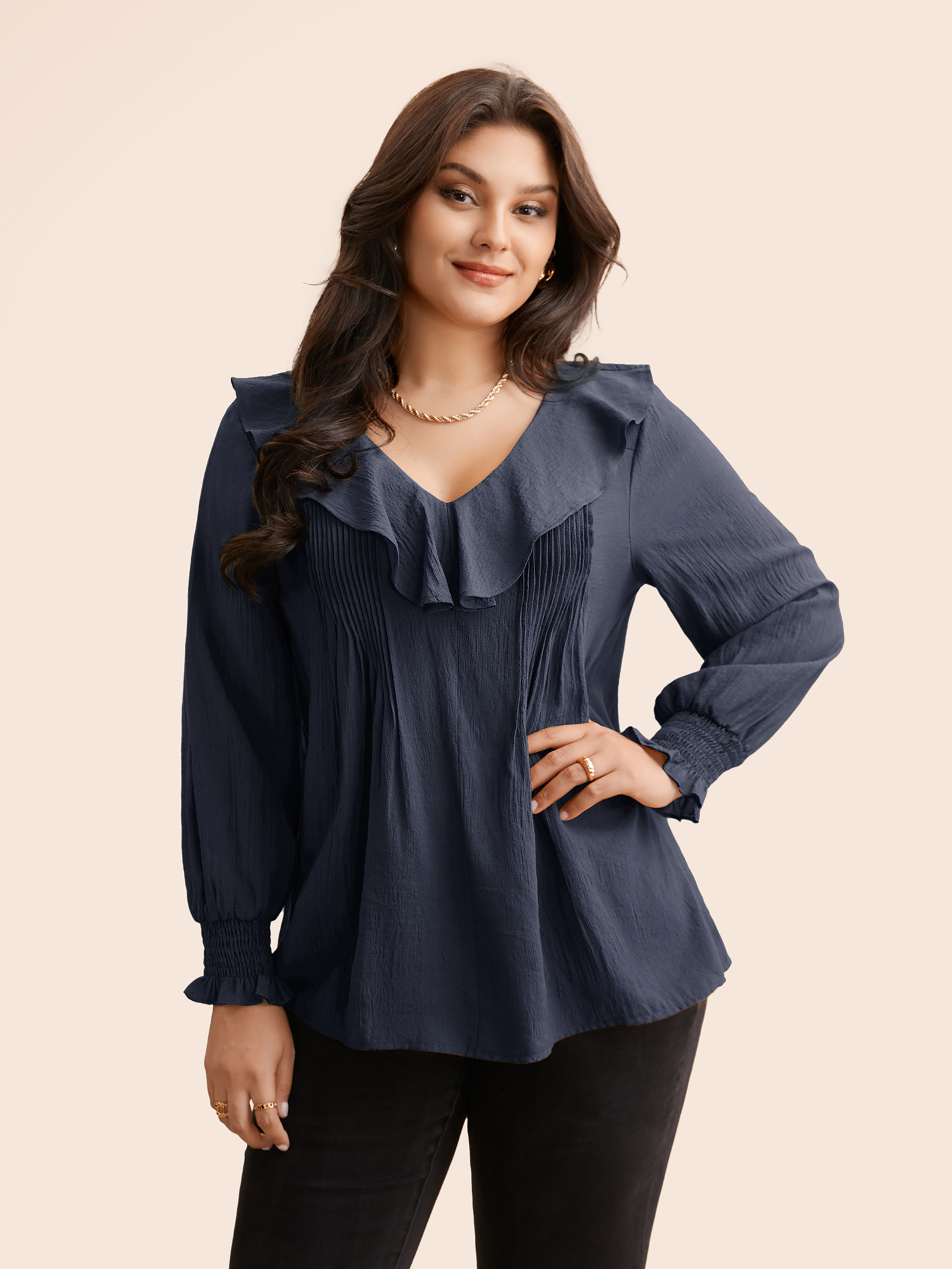 

Plus Size Indigo Solid Texture Pleated Ruffle Trim Blouse Women Elegant Long Sleeve Deep V-neck Everyday Blouses BloomChic