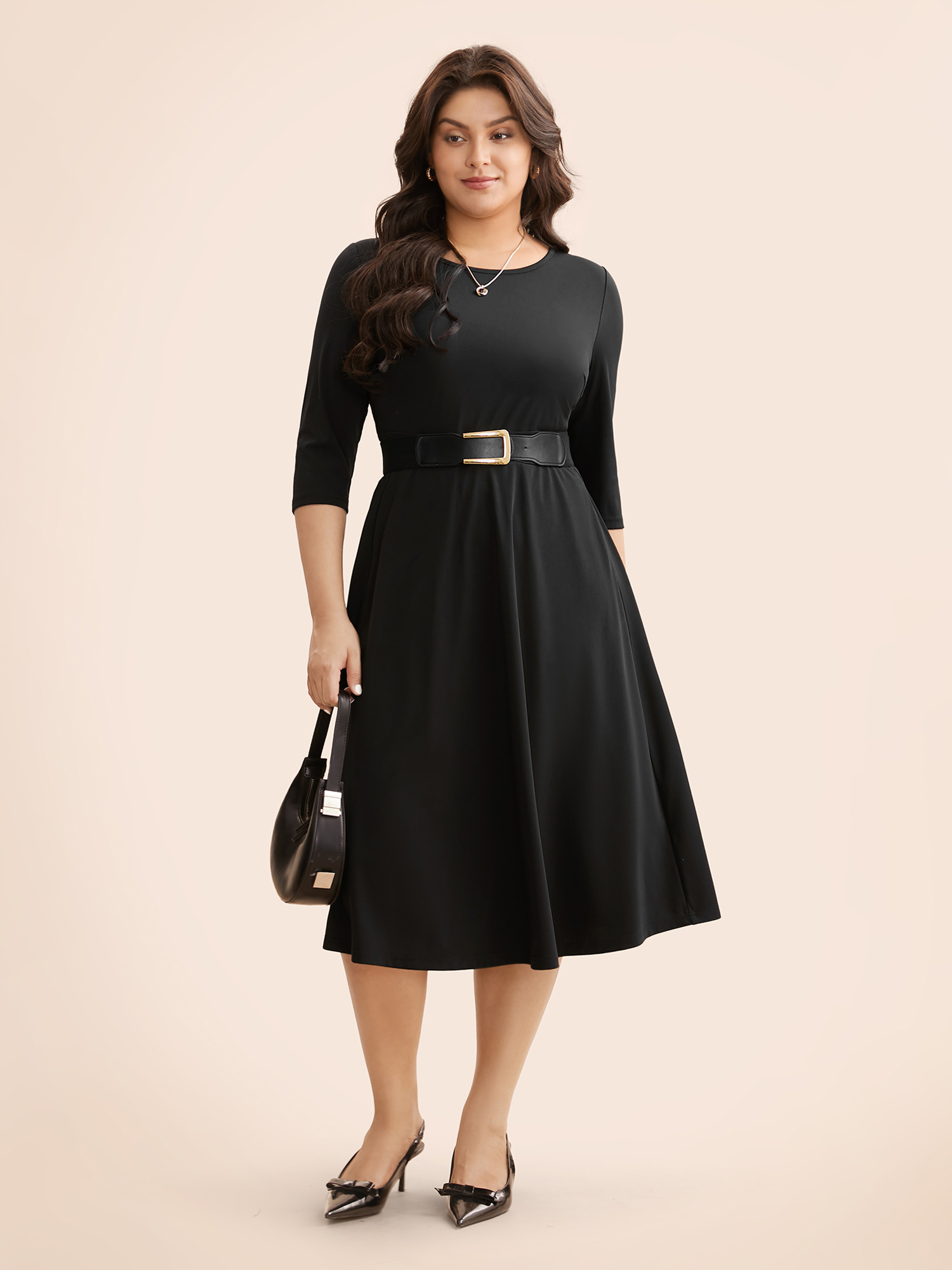 

Plus Size Solid Round Neck Shirred Midi Dress Black Women At the Office Shirred Round Neck Elbow-length sleeve Curvy BloomChic