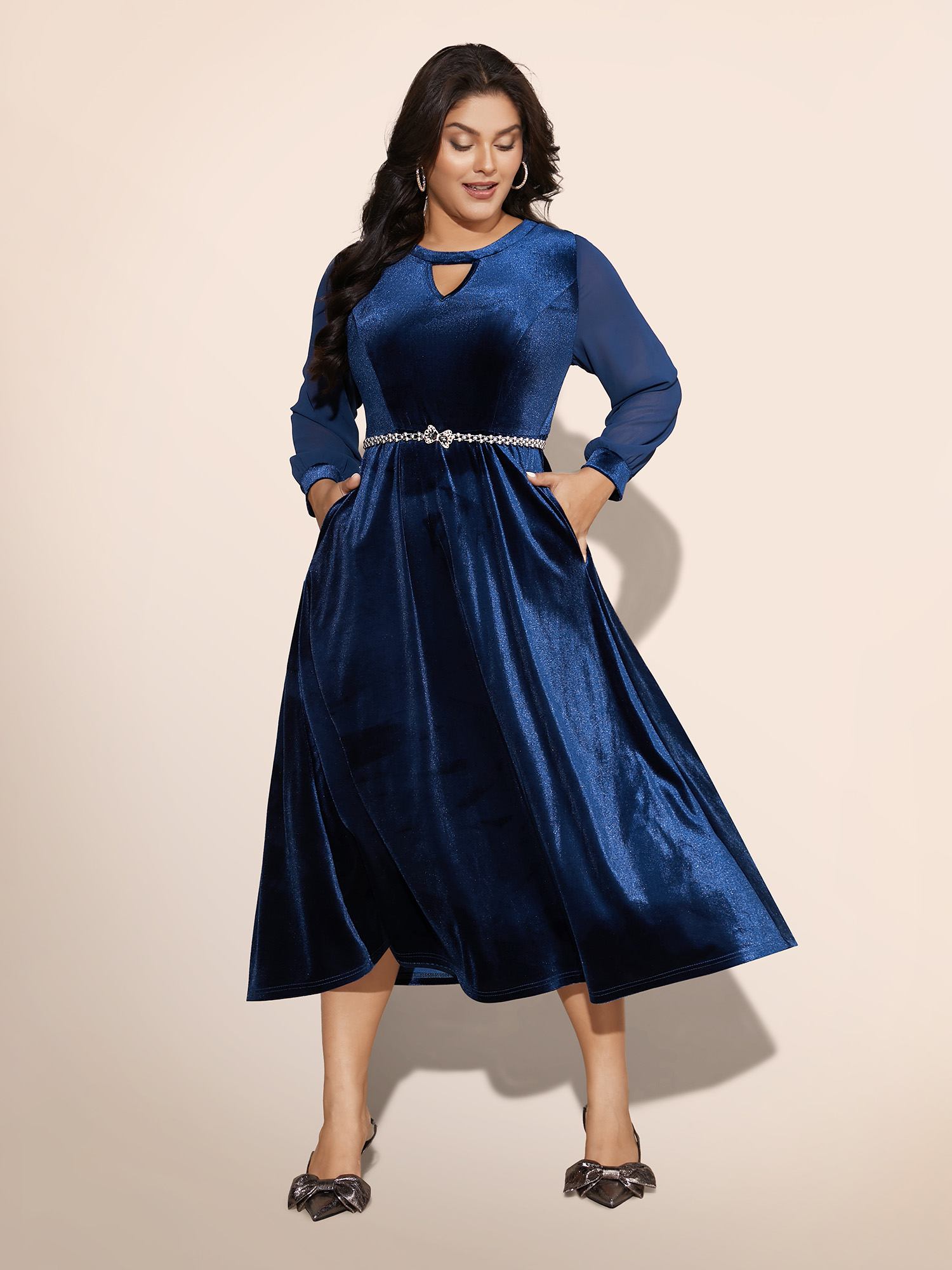 

Plus Size Velvet Patchwork Chiffon Keyhole Midi Dress Indigo Women Cocktail Texture Party Curvy Bloomchic