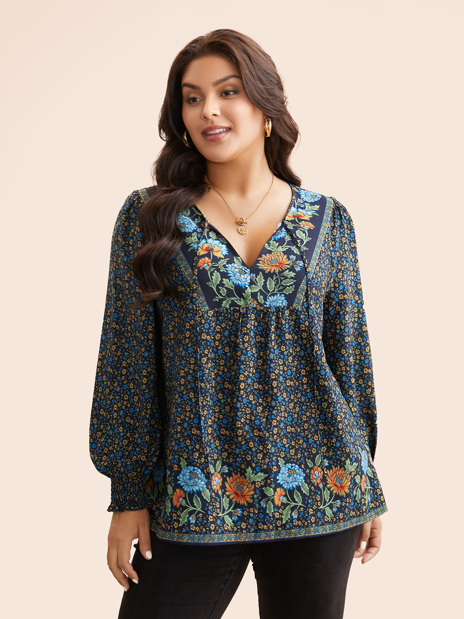 

Plus Size Indigo Bandana Print V Neck Shirred Blouse Women Resort Long Sleeve Deep V-neck Vacation Blouses BloomChic