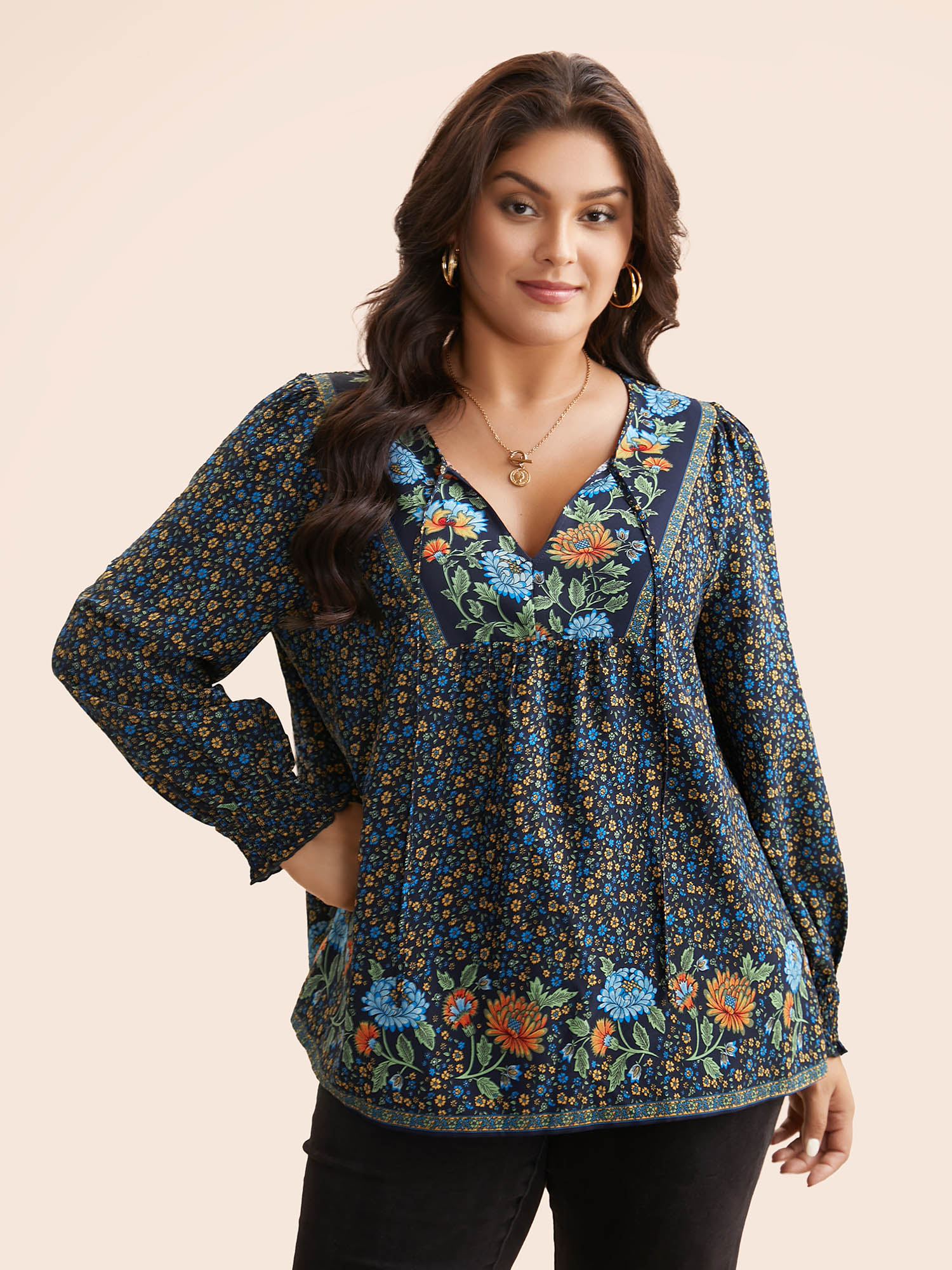 

Plus Size Indigo Bandana Print V Neck Shirred Blouse Women Resort Long Sleeve Deep V-neck Vacation Blouses BloomChic