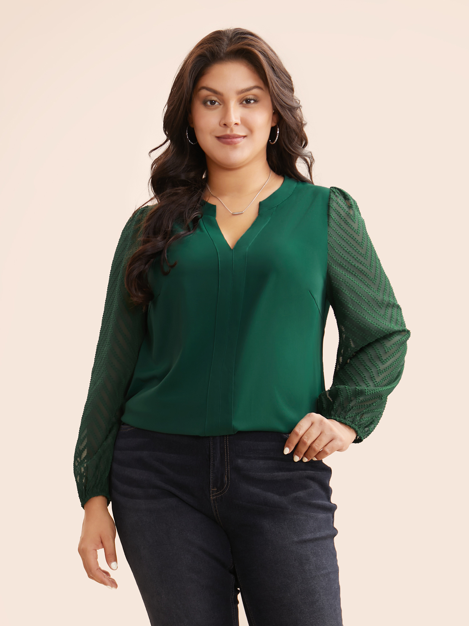 

Plus Size DarkGreen Solid Textured Notched Collar Pleated Blouse Women Elegant Long Sleeve Flat collar with V-notch Everyday Blouses BloomChic