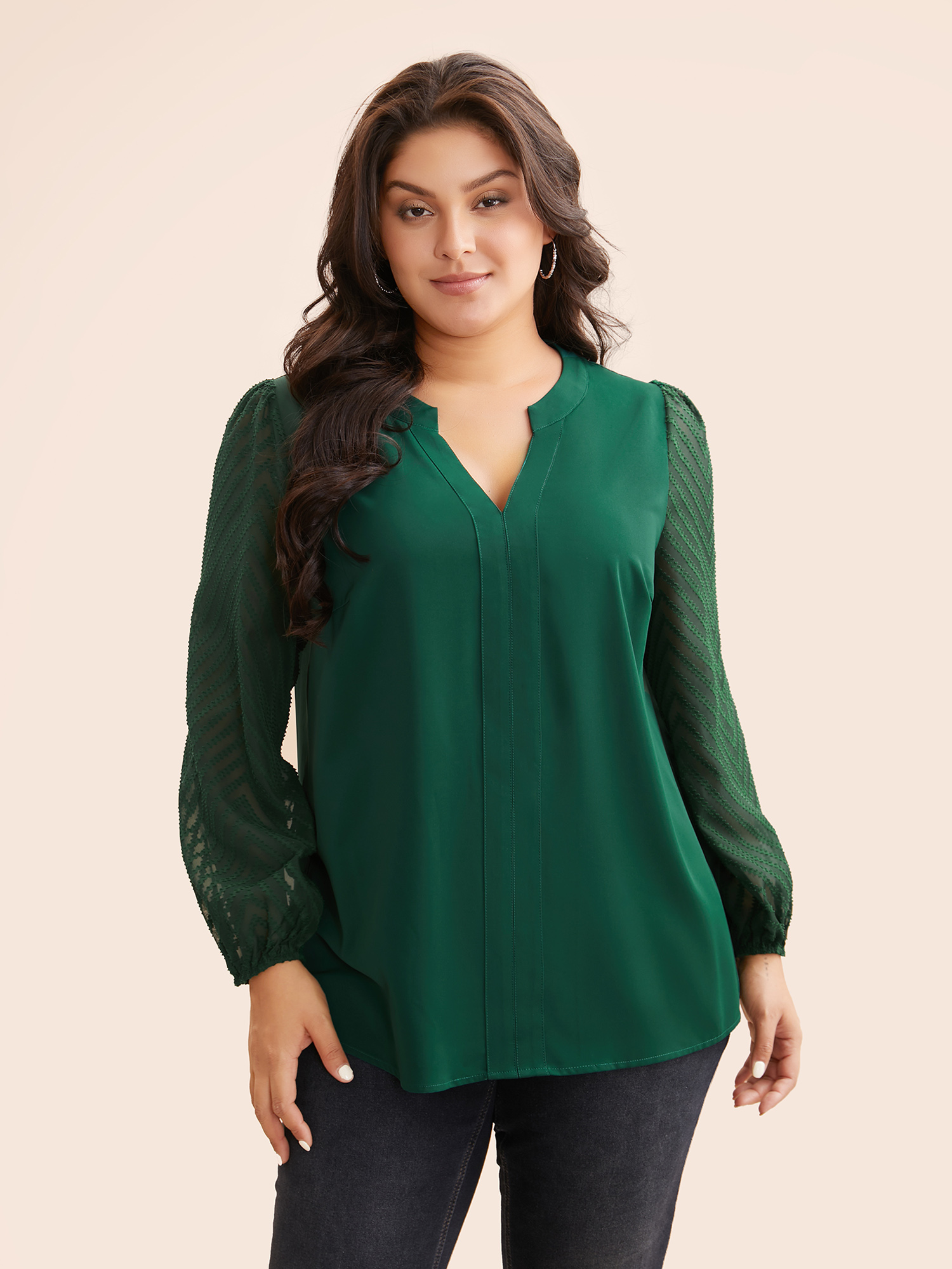 

Plus Size DarkGreen Solid Textured Notched Collar Pleated Blouse Women Elegant Long Sleeve Flat collar with V-notch Everyday Blouses BloomChic