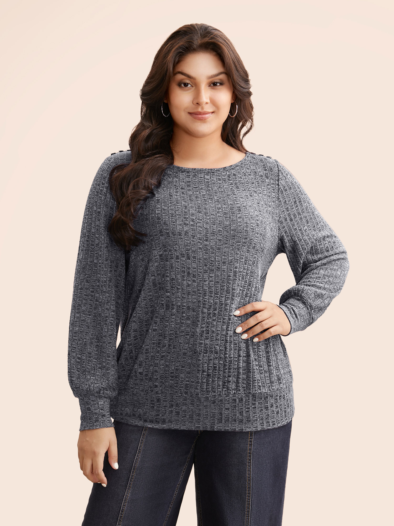 

Plus Size Textured Heather Button Detail Top Navy Boat Neck Extra Long Sleeve Casual Jersey Tops