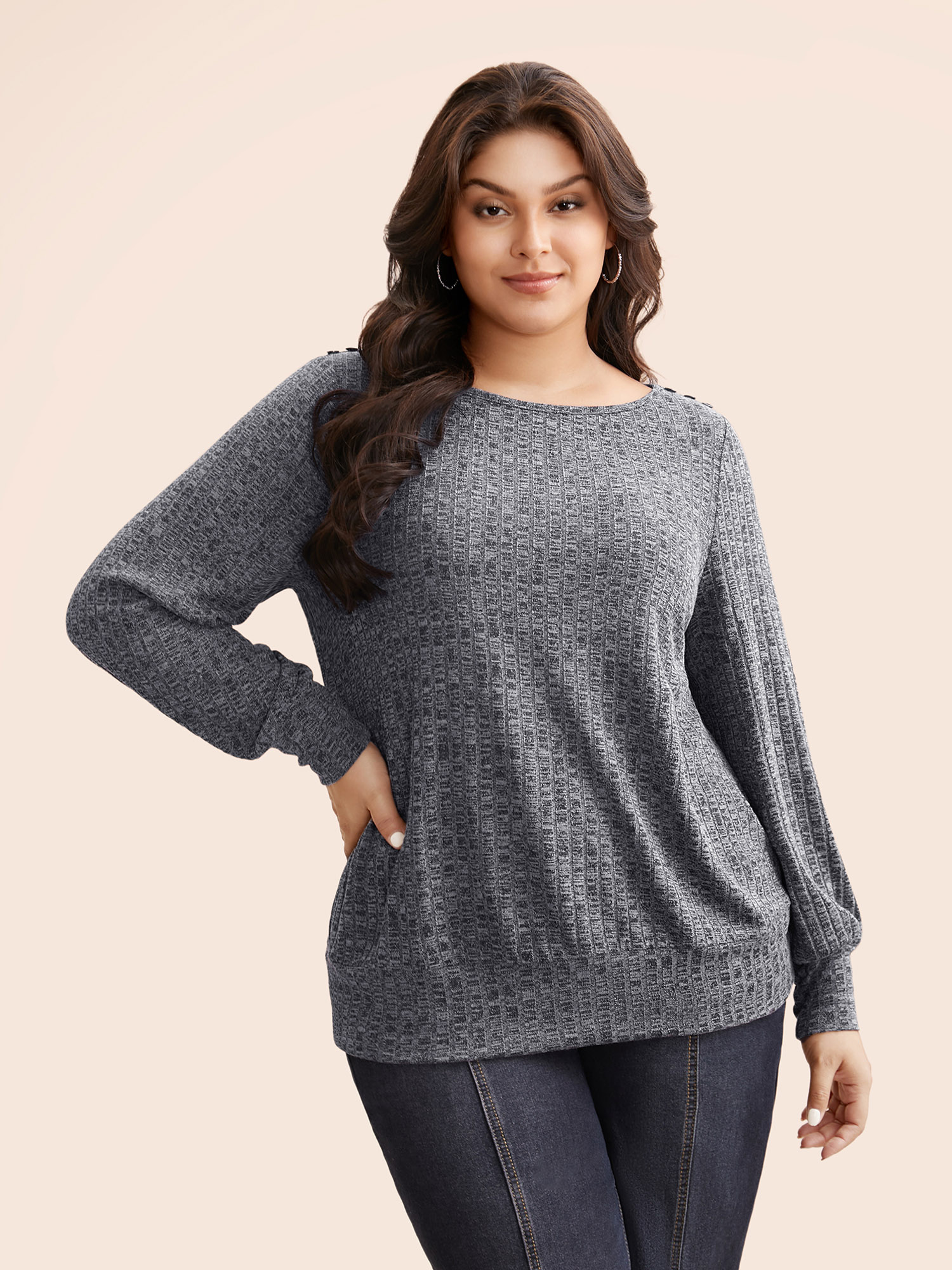 

Plus Size Textured Heather Button Detail Top Navy Boat Neck Extra Long Sleeve Casual Jersey Tops