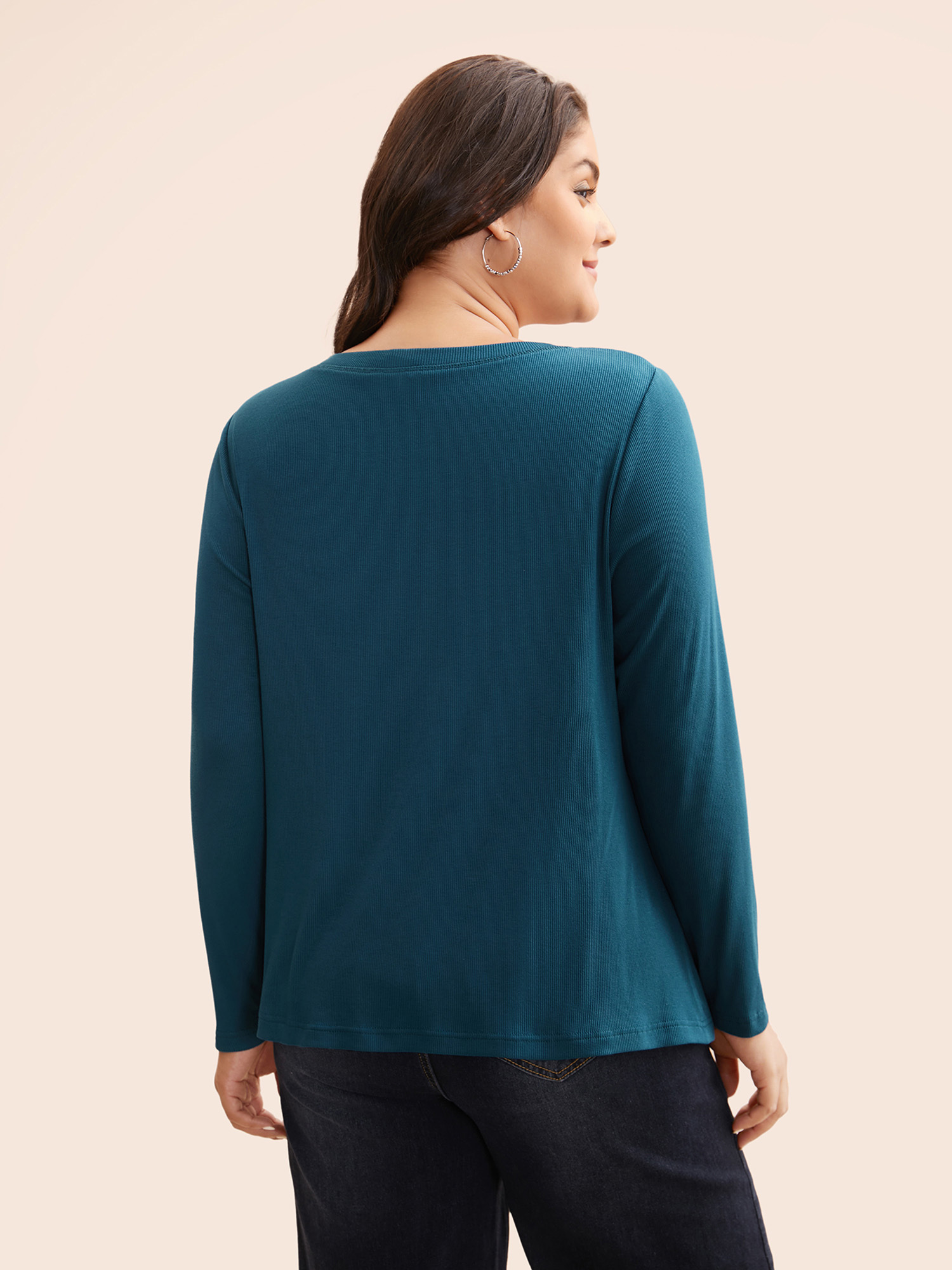 Plus Size Solid Notched Collar Rib Knit T-shirt Aegean Women Casual Texture Notched collar Everyday T-shirts BloomChic 30/6X 