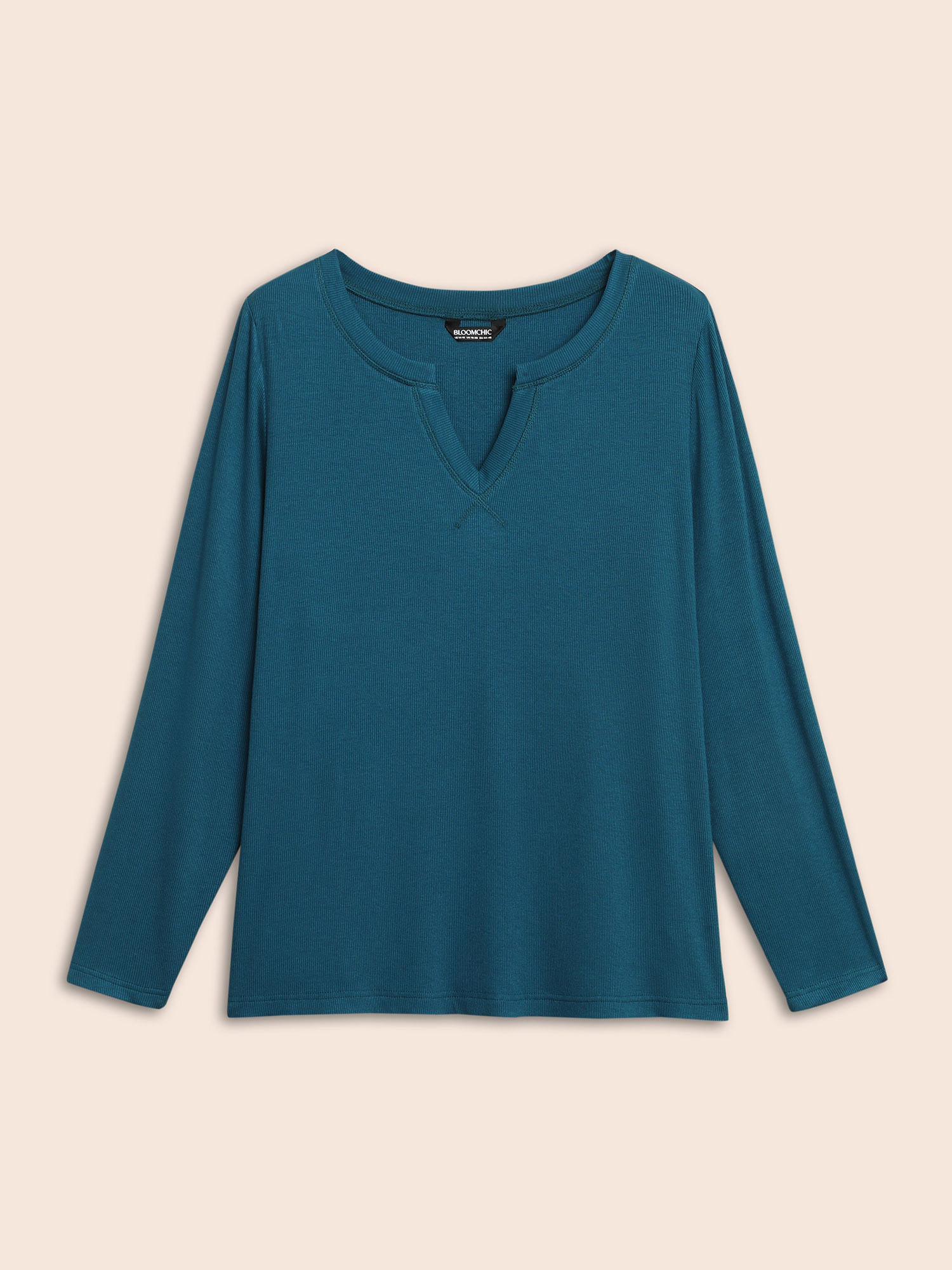 Plus Size Solid Notched Collar Rib Knit T-shirt Aegean Women Casual Texture Notched collar Everyday T-shirts BloomChic 30/6X 