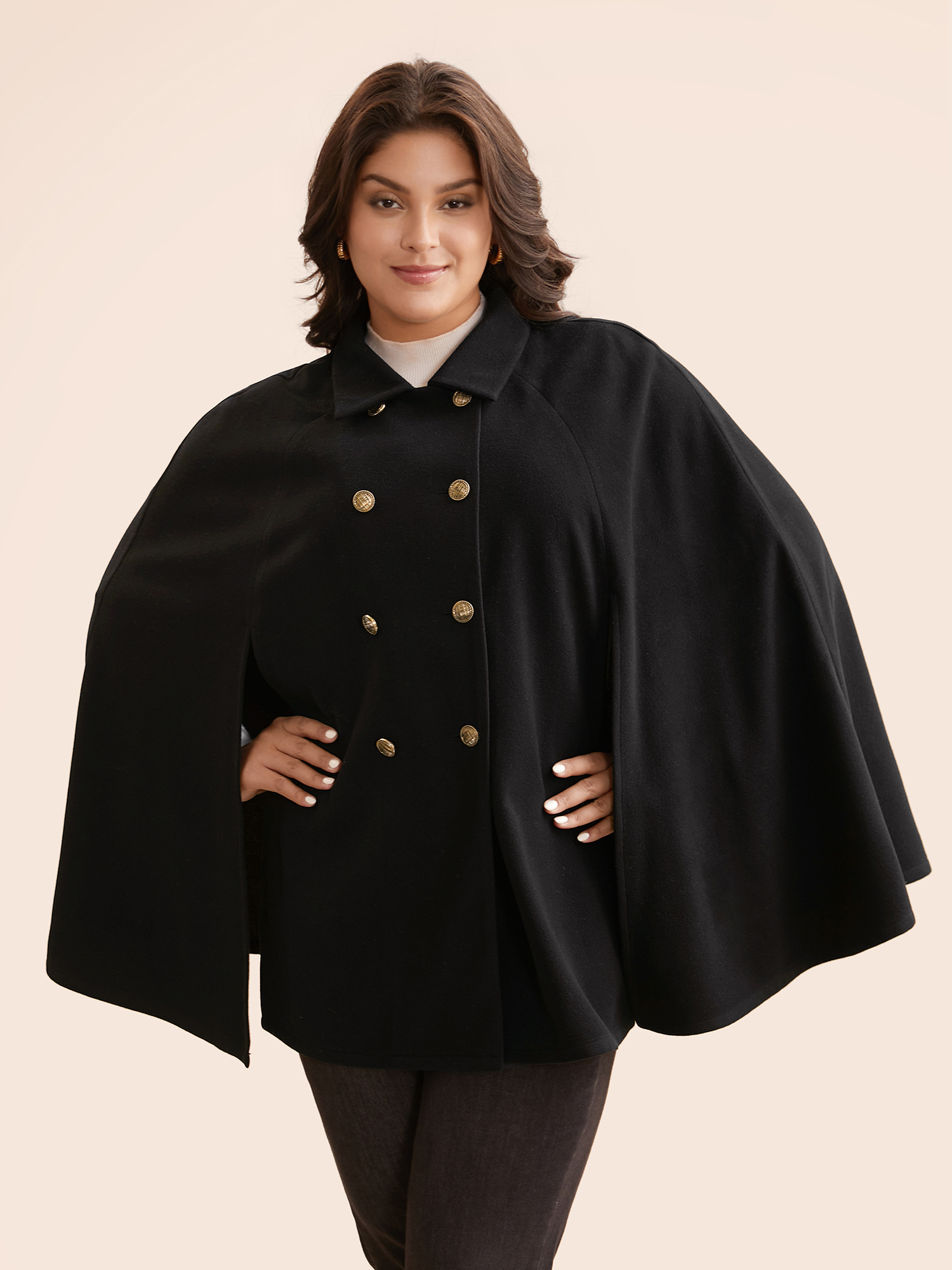 

Plus Size Double Breasted Cloak Sleeve Cape Overcoat Women Black Button Loose Everyday Jackets BloomChic