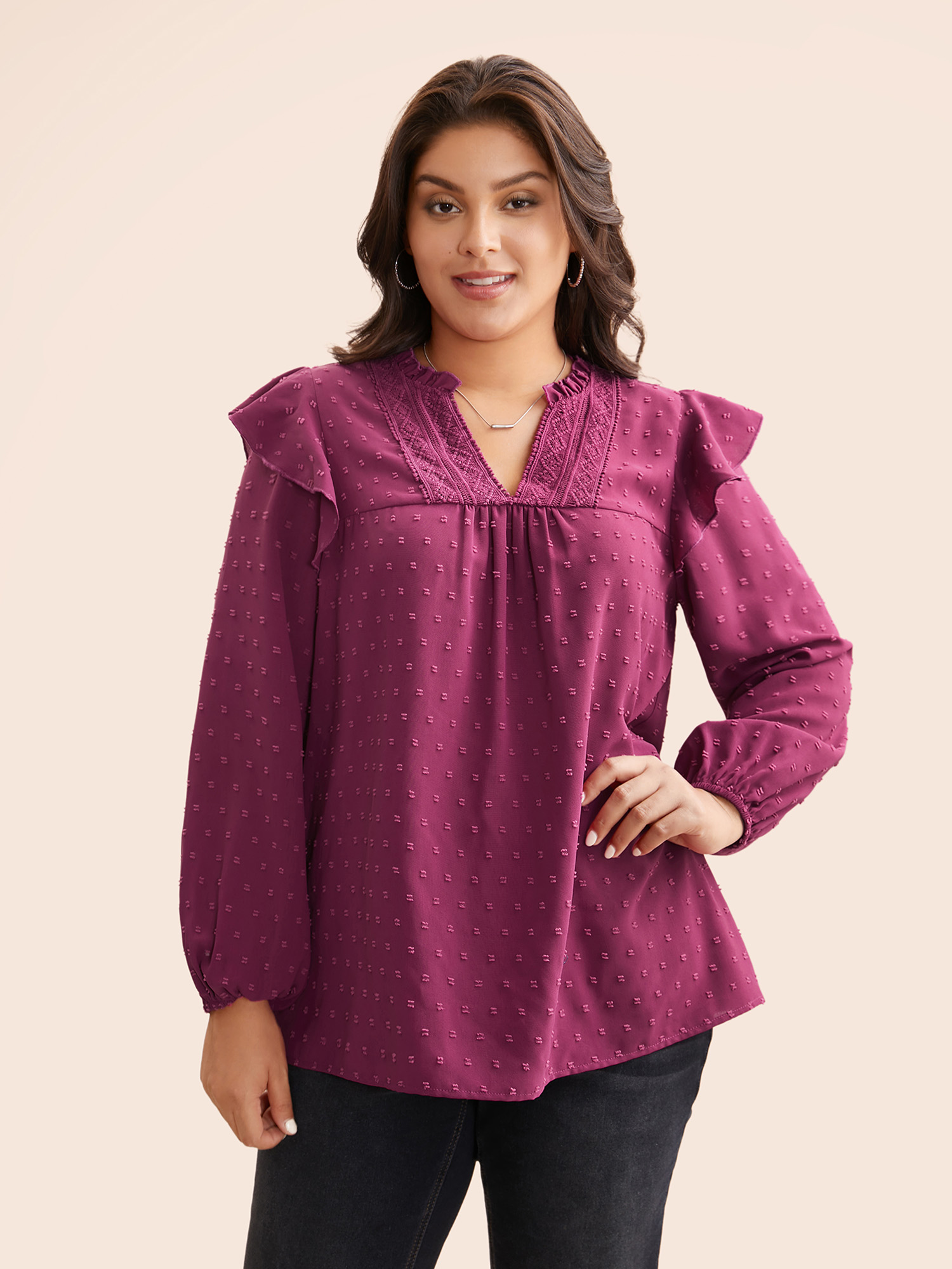 

Plus Size RedViolet Texture Woven Ribbon Patchwork Ruffles Blouse Women Elegant Long Sleeve Flat collar with V-notch Everyday Blouses BloomChic