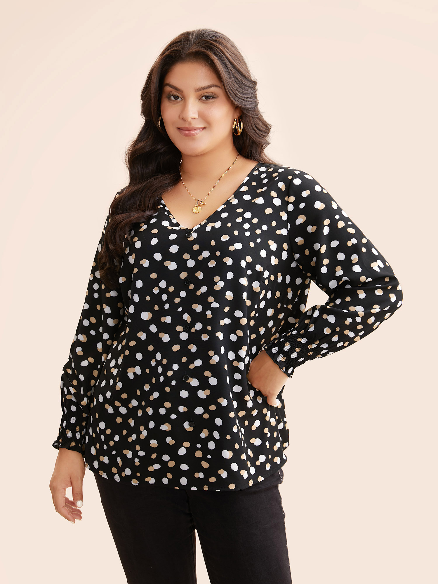 

Plus Size Black Polka Dot Button Detail Shirred Blouse Women Elegant Extra Long Sleeve V-neck Everyday Blouses BloomChic