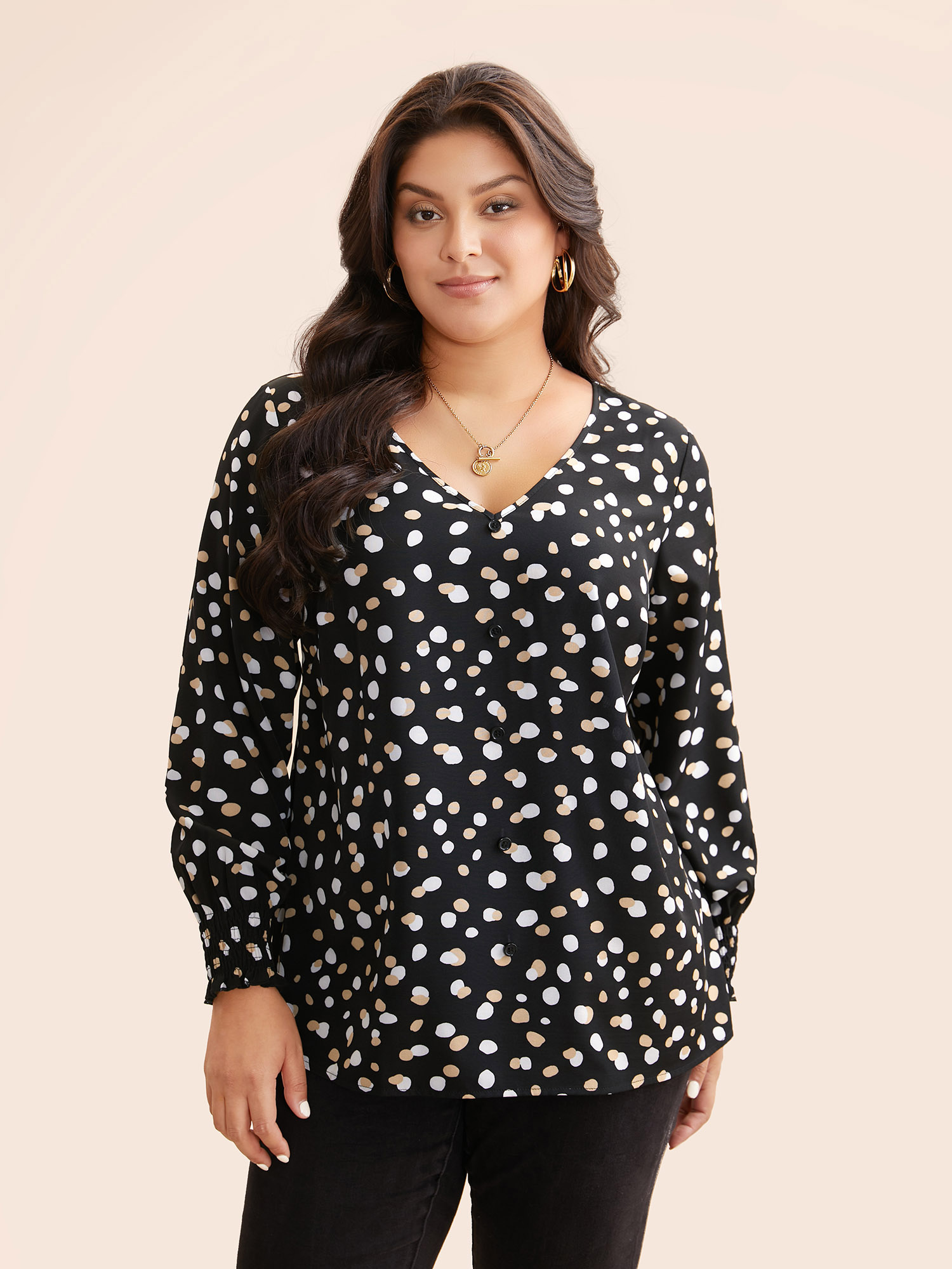 

Plus Size Black Polka Dot Button Detail Shirred Blouse Women Elegant Extra Long Sleeve V-neck Everyday Blouses BloomChic