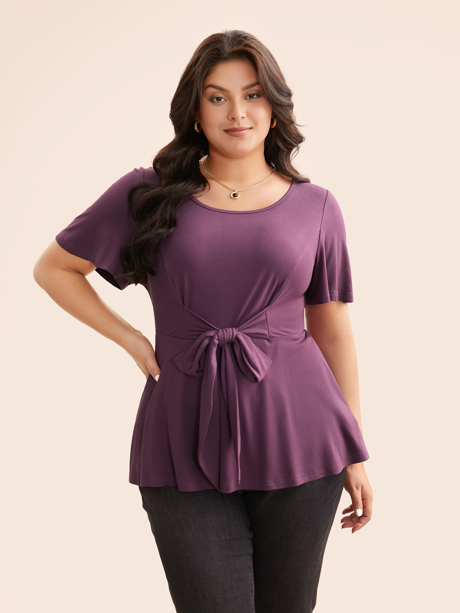 

Plus Size Supersoft Essentials Flutter Sleeve Tie Knot T-shirt Mauve Women Elegant Tie knot Round Neck Bodycon Everyday T-shirts BloomChic