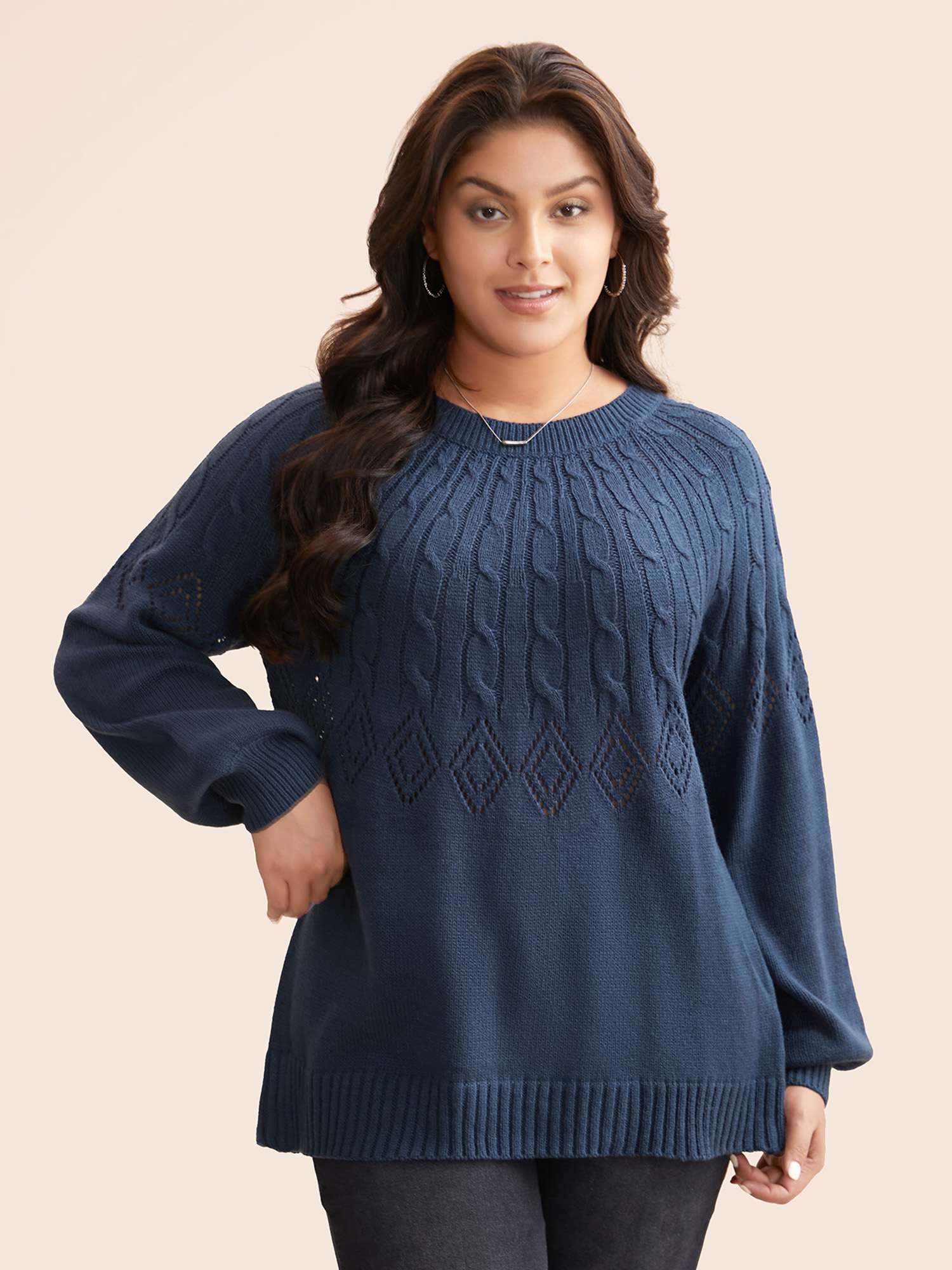 

Plus Size Texture Cable Knit Lantern Sleeve Pullover Indigo Women Casual Loose Long Sleeve Round Neck Everyday Pullovers BloomChic