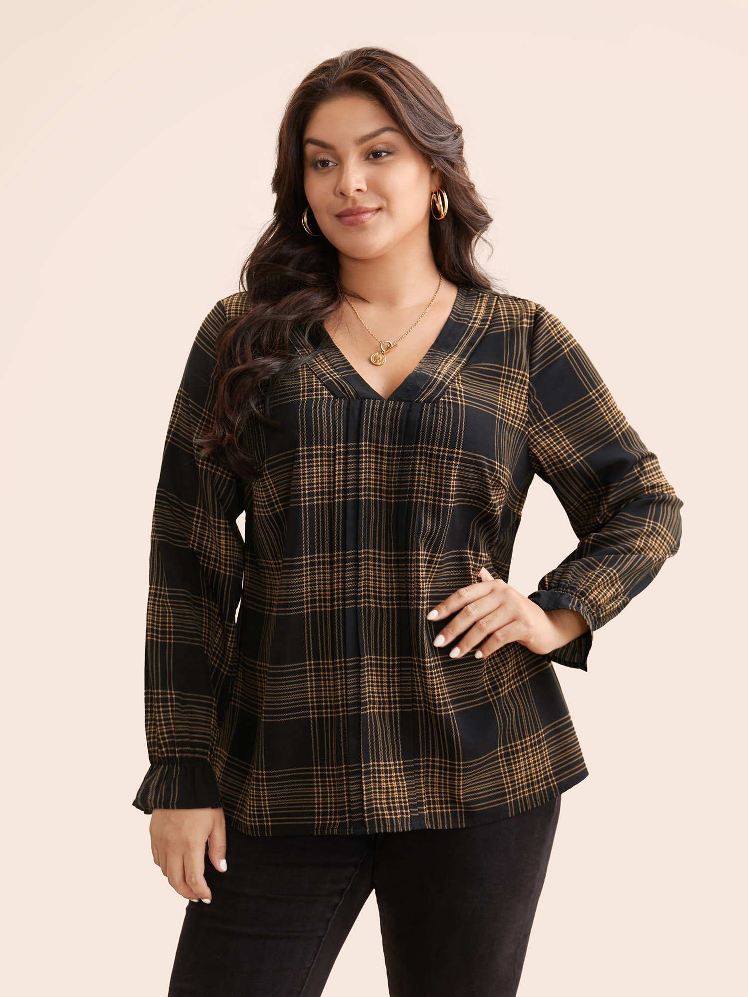 

Plus Size Black Plaid Pleated Lantern Sleeve Blouse Women Elegant Extra Long Sleeve V-neck Everyday Blouses BloomChic