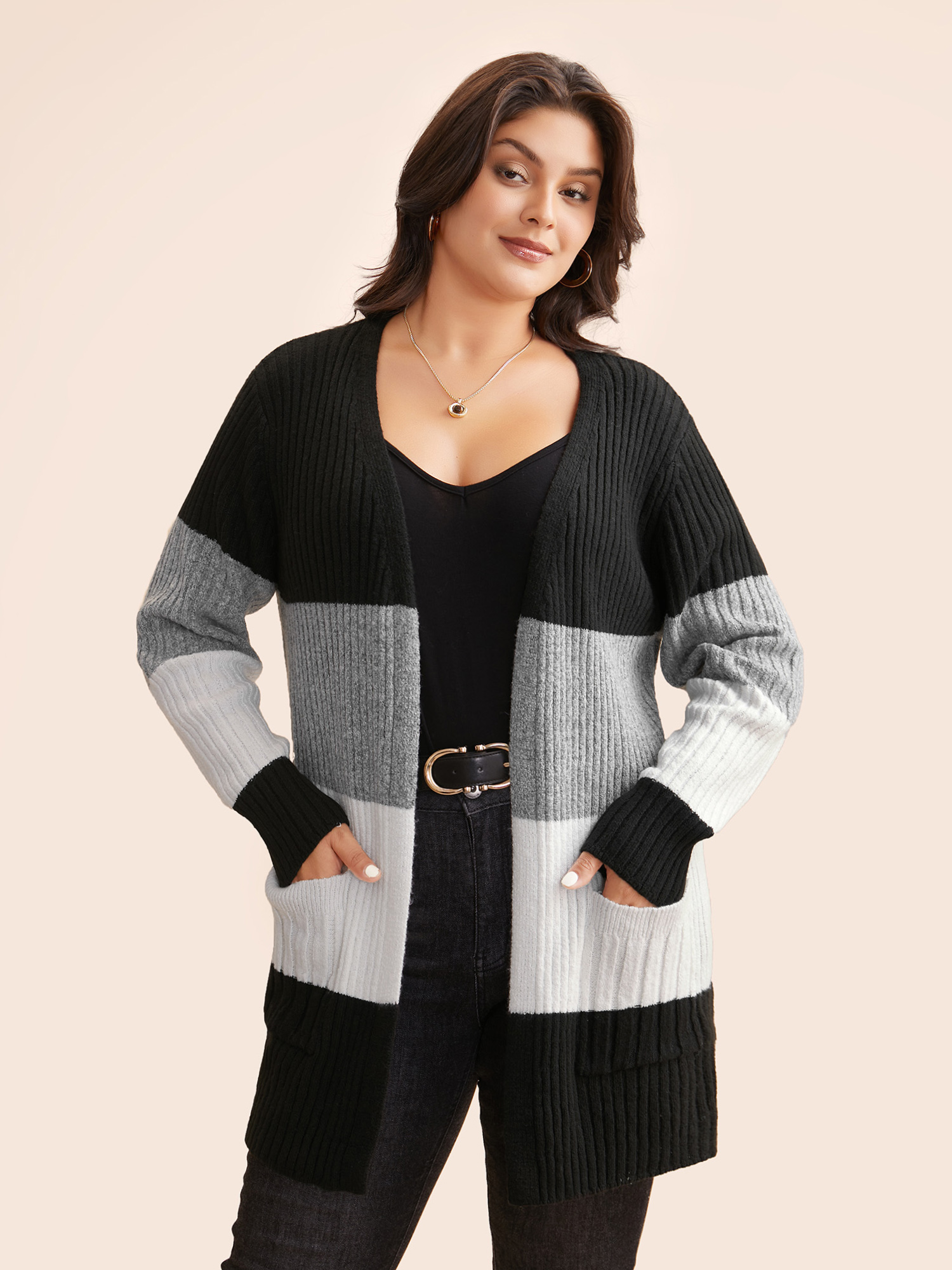 

Plus Size Colorblock Contrast Patched Pocket Cardigan Black Women Casual Loose Long Sleeve Everyday Cardigans BloomChic