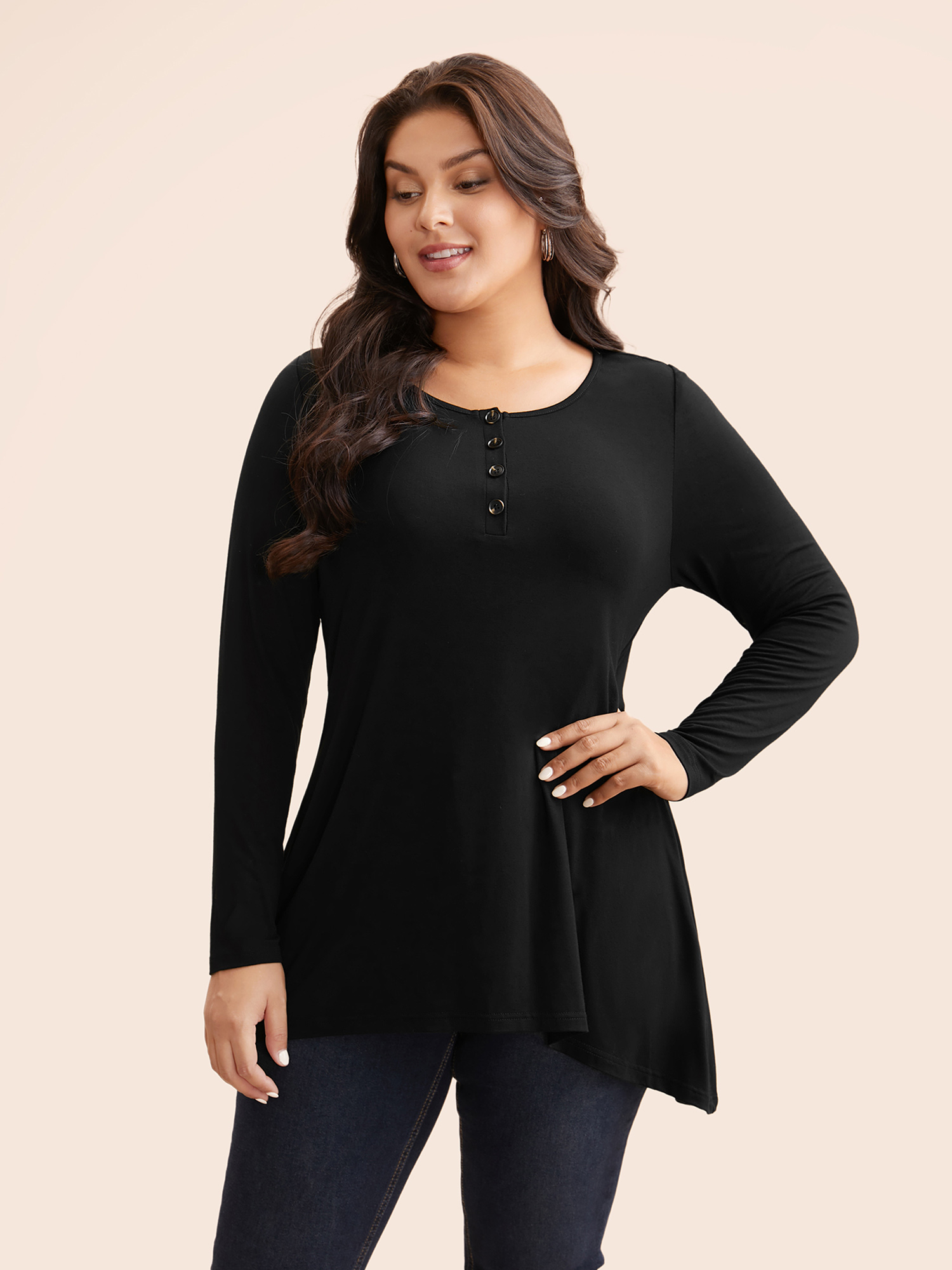 

Plus Size Solid Asymmetric Hem Jersey Top Black Round Neck Long Sleeve Casual Jersey Tops