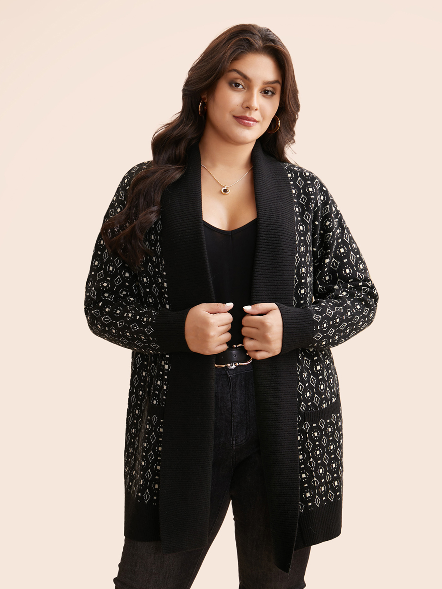 

Plus Size Supersoft Essentials Geometric Jacquard Drop Shoulder Cardigan Black Women Casual Loose Long Sleeve Everyday Cardigans BloomChic