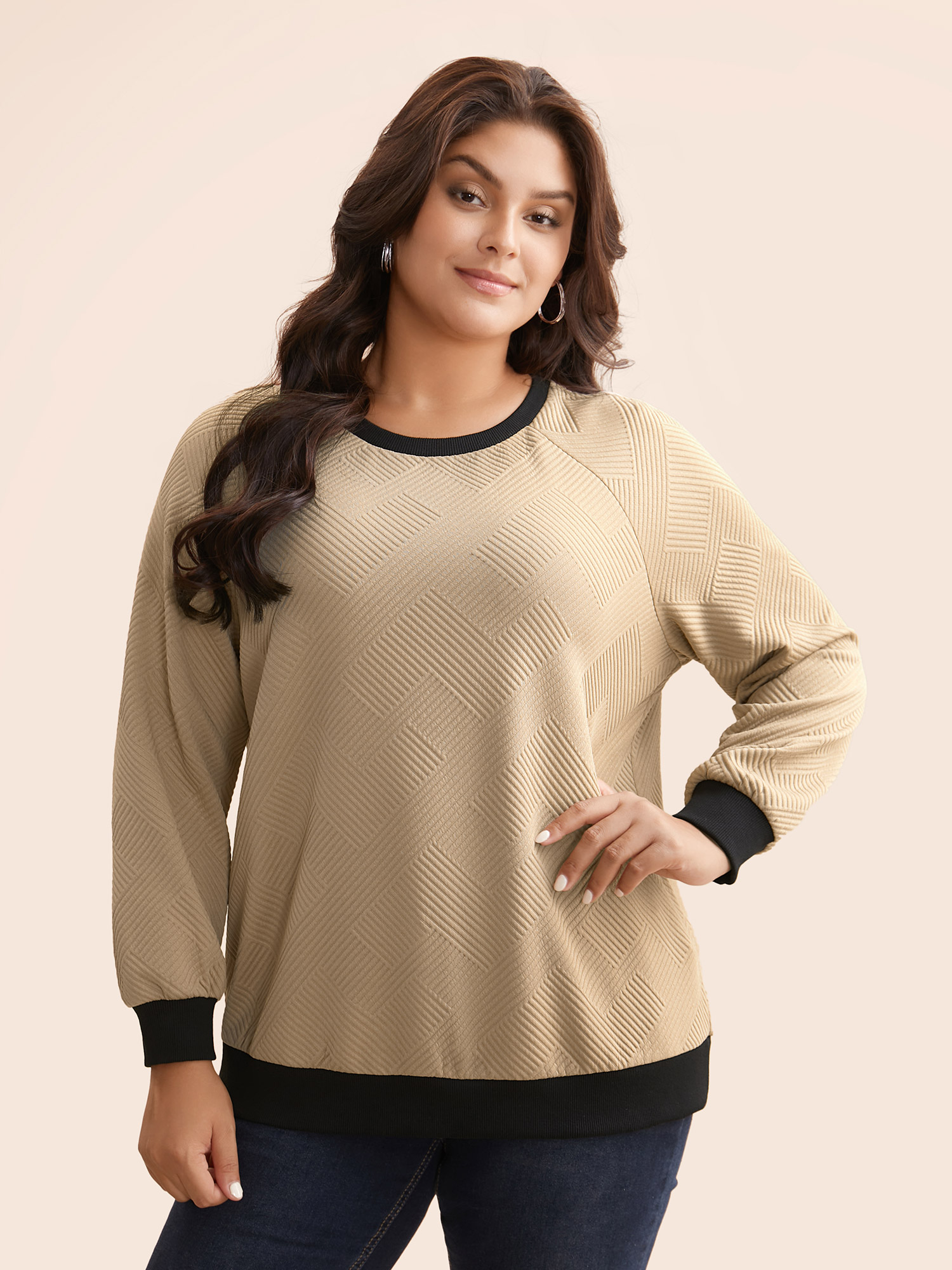 

Plus Size Textured Contrast Trim Raglan Sleeve Sweatshirt Women Tan Casual Texture Round Neck Everyday Sweatshirts BloomChic