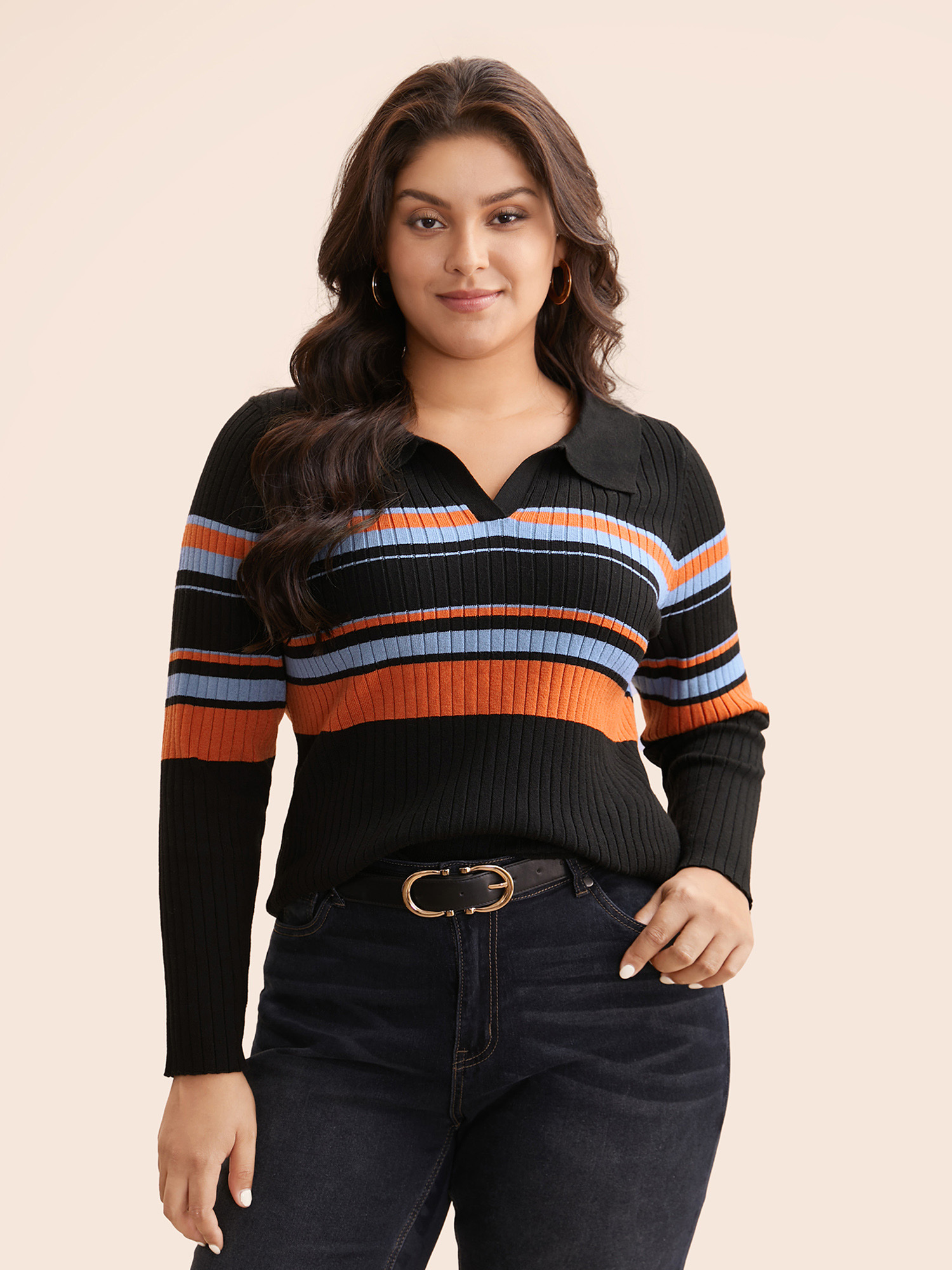 

Plus Size Supersoft Essentials Colored Striped Polo Neck Pullover Black Women Casual Bodycon Long Sleeve Polo Everyday Pullovers BloomChic