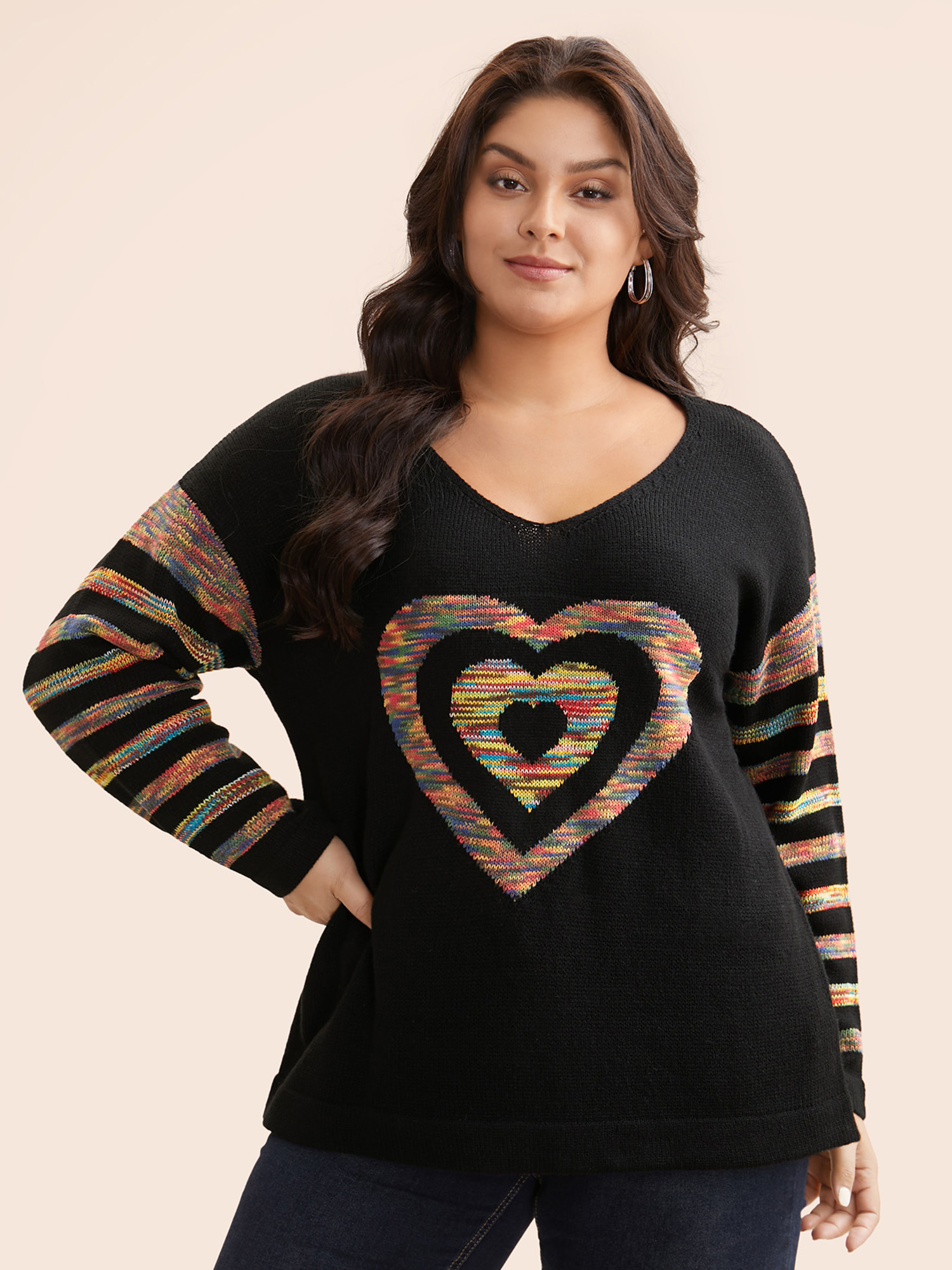 

Plus Size Contrast Heart Jacquard Drop Shoulder Pullover Black Women Casual Loose Long Sleeve V-neck Everyday Pullovers BloomChic