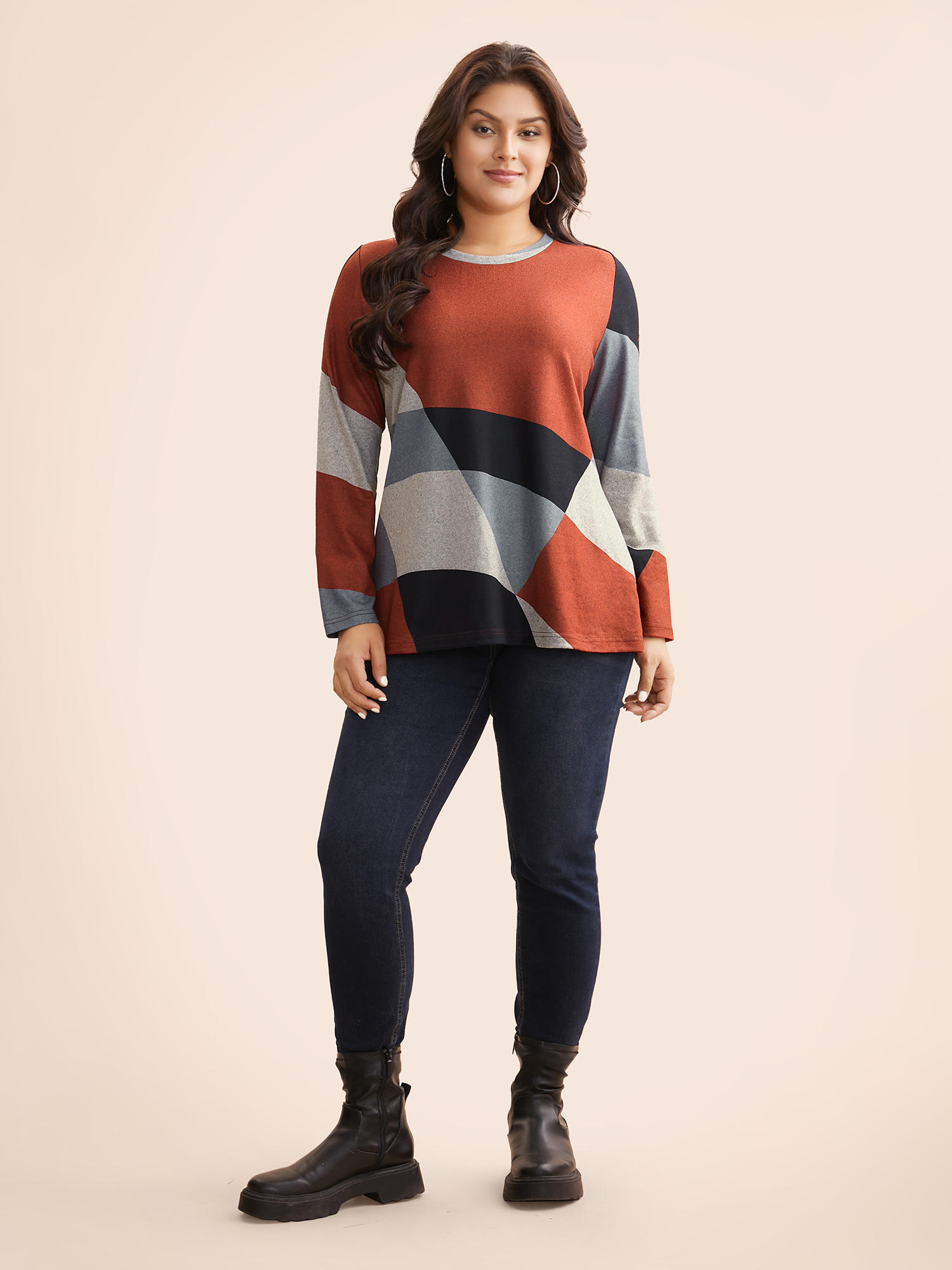 Plus Size Round Neck Colorblock Contrast T-shirt Multicolor Women Casual Contrast Non Everyday T-shirts BloomChic 26/4X 