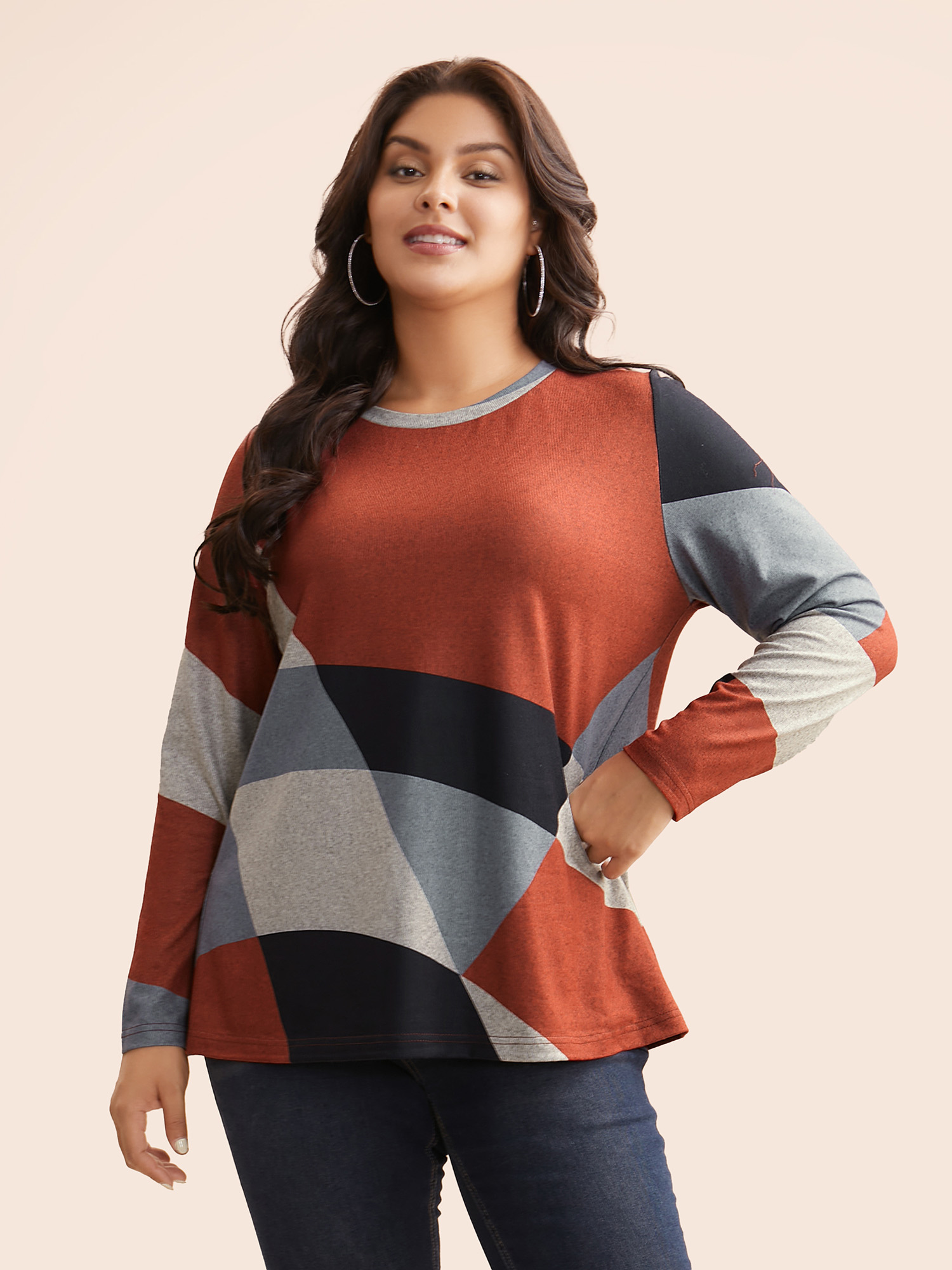Plus Size Round Neck Colorblock Contrast T-shirt Multicolor Women Casual Contrast Non Everyday T-shirts BloomChic 26/4X 