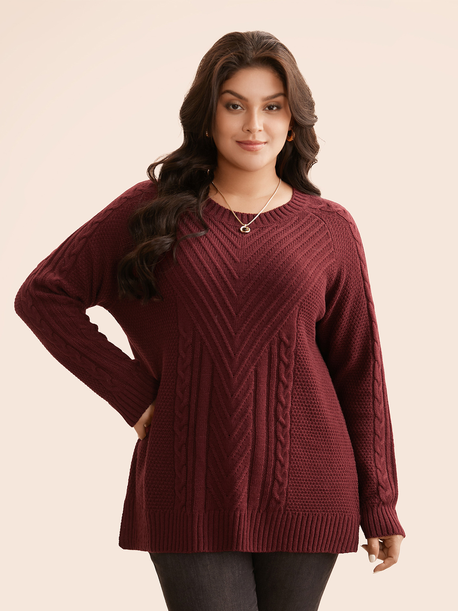 

Plus Size Texture Cable Knit Raglan Sleeve Pullover Scarlet Women Casual Loose Long Sleeve Round Neck Everyday Pullovers BloomChic