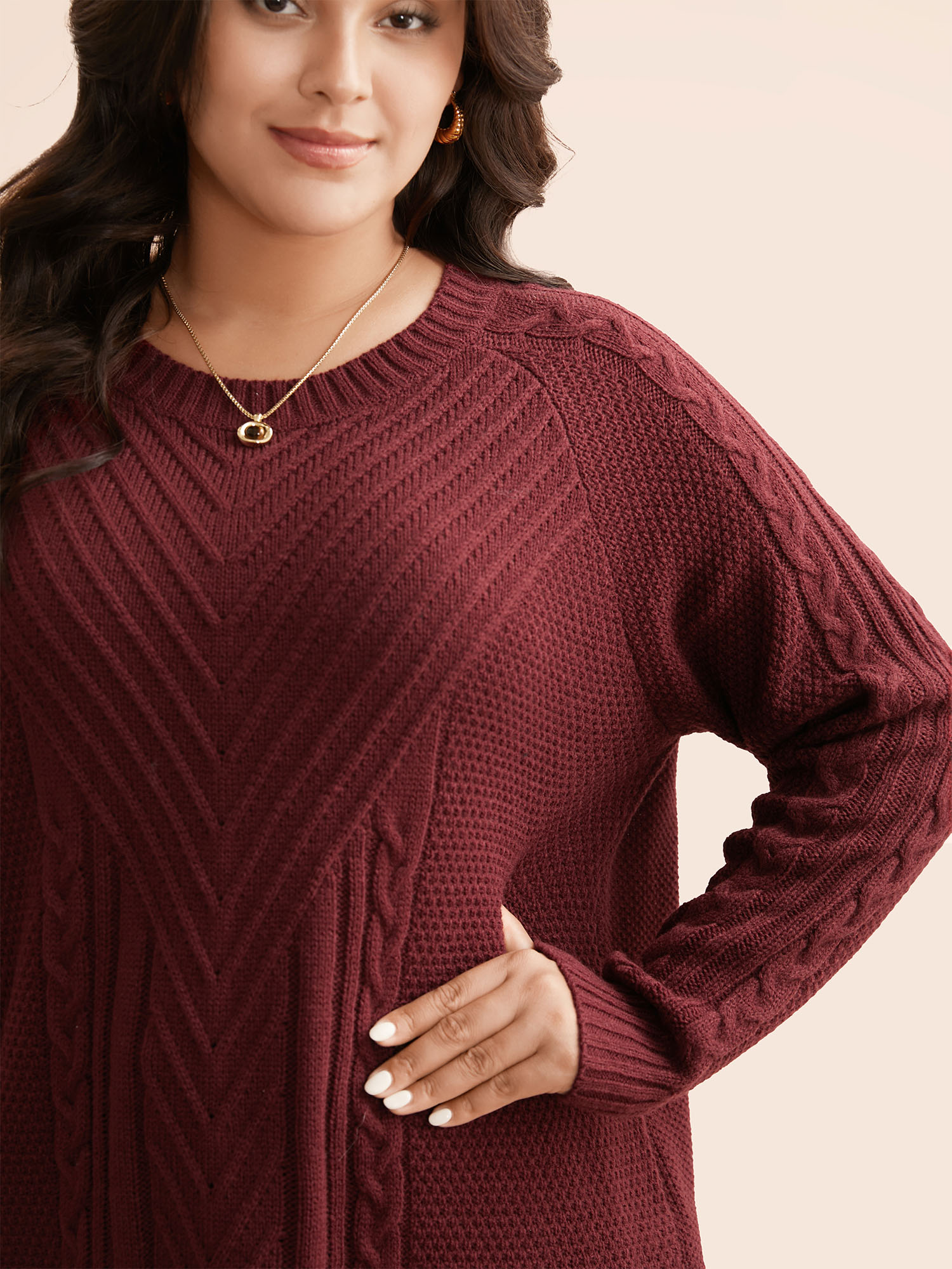 

Plus Size Texture Cable Knit Raglan Sleeve Pullover Scarlet Women Casual Loose Long Sleeve Round Neck Everyday Pullovers BloomChic