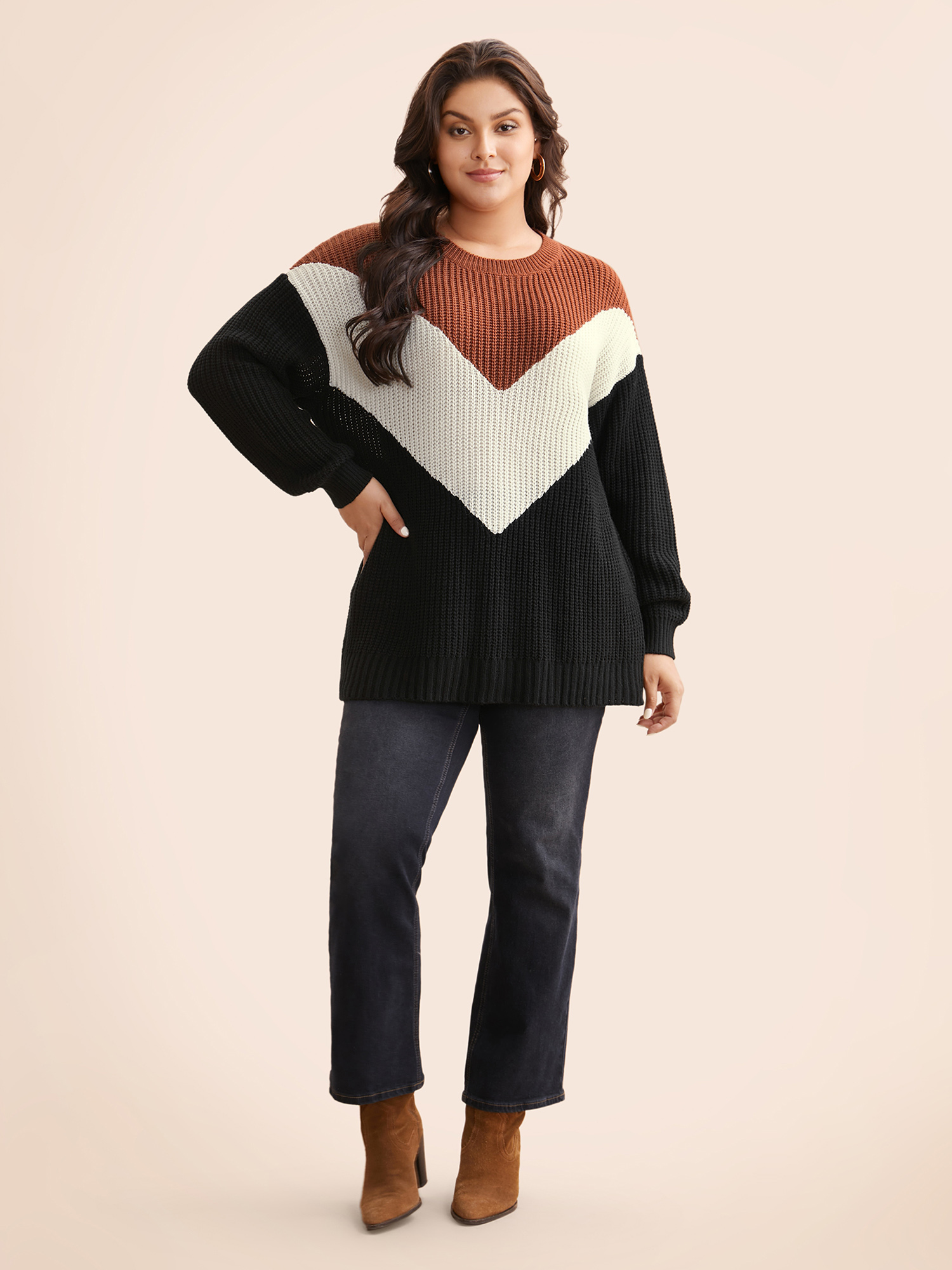 

Plus Size Colorblock Contrast Lantern Sleeve Pullover Yellowishbrown Women Casual Loose Long Sleeve Round Neck Everyday Pullovers BloomChic