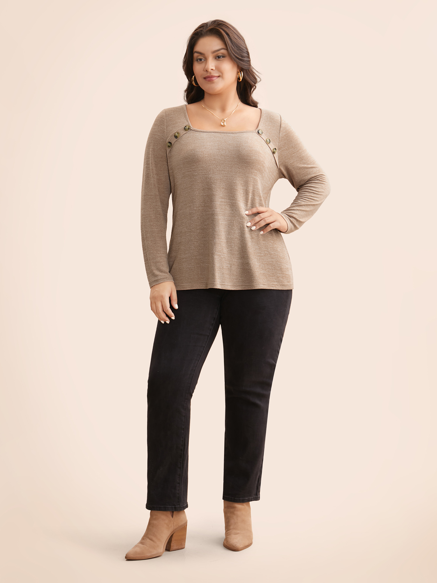 

Plus Size Heather Square Neck Button Detail T-shirt LightBrown Women Casual Button Non Bodycon Everyday T-shirts BloomChic