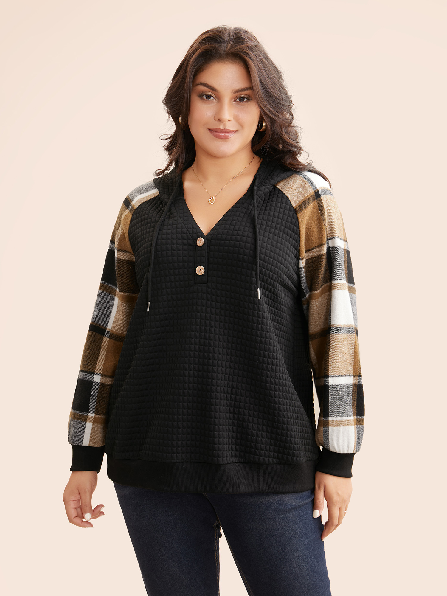 

Plus Size Plaid Patchwork Hooded Raglan Sleeve Sweatshirt Women Black Casual Texture Hooded Everyday Sweatshirts BloomChic