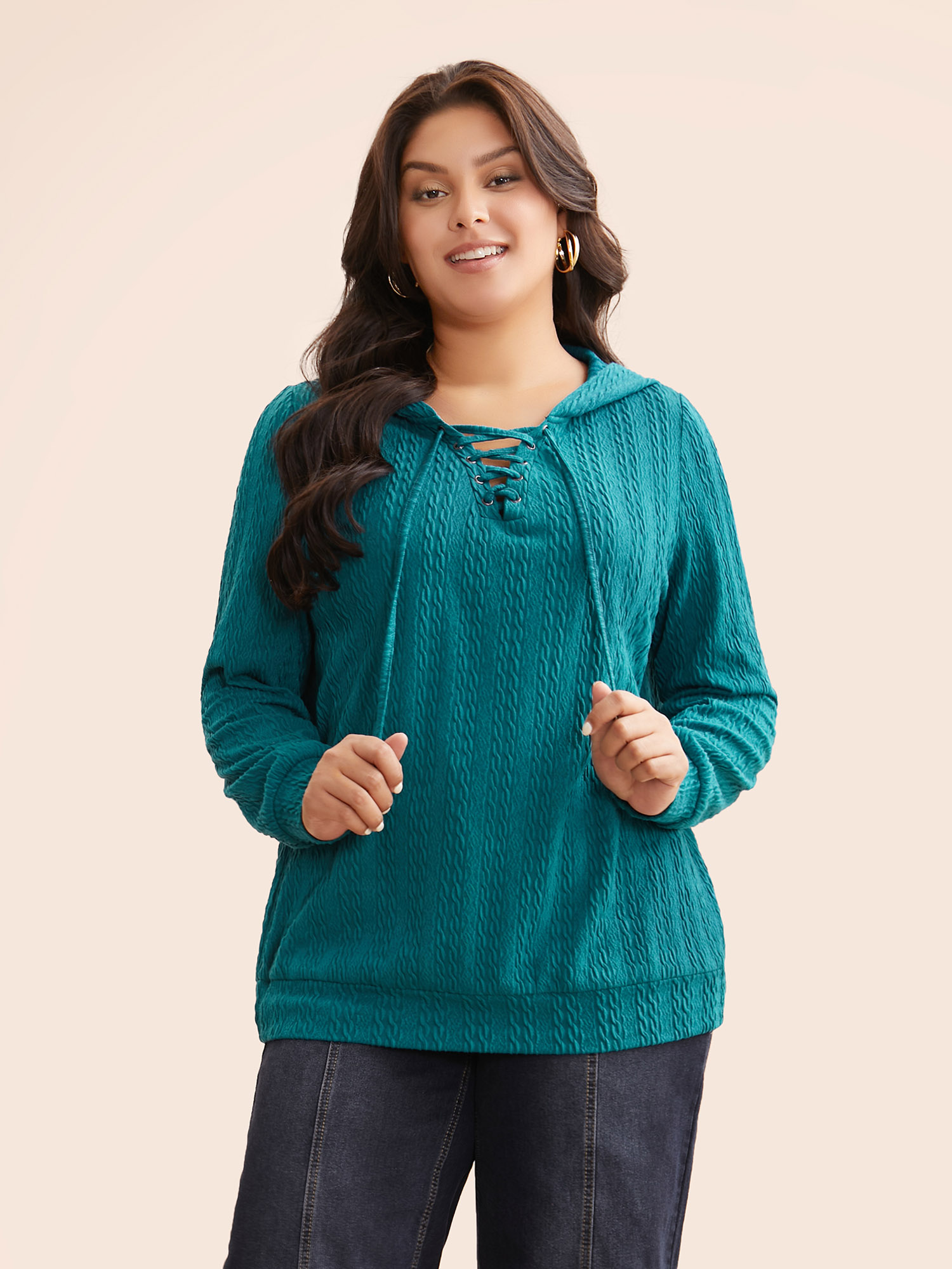 

Plus Size Plain Textured Lace Up Hooded Sweatshirt Women Teal Casual Eyelet Non Everyday Sweatshirts BloomChic