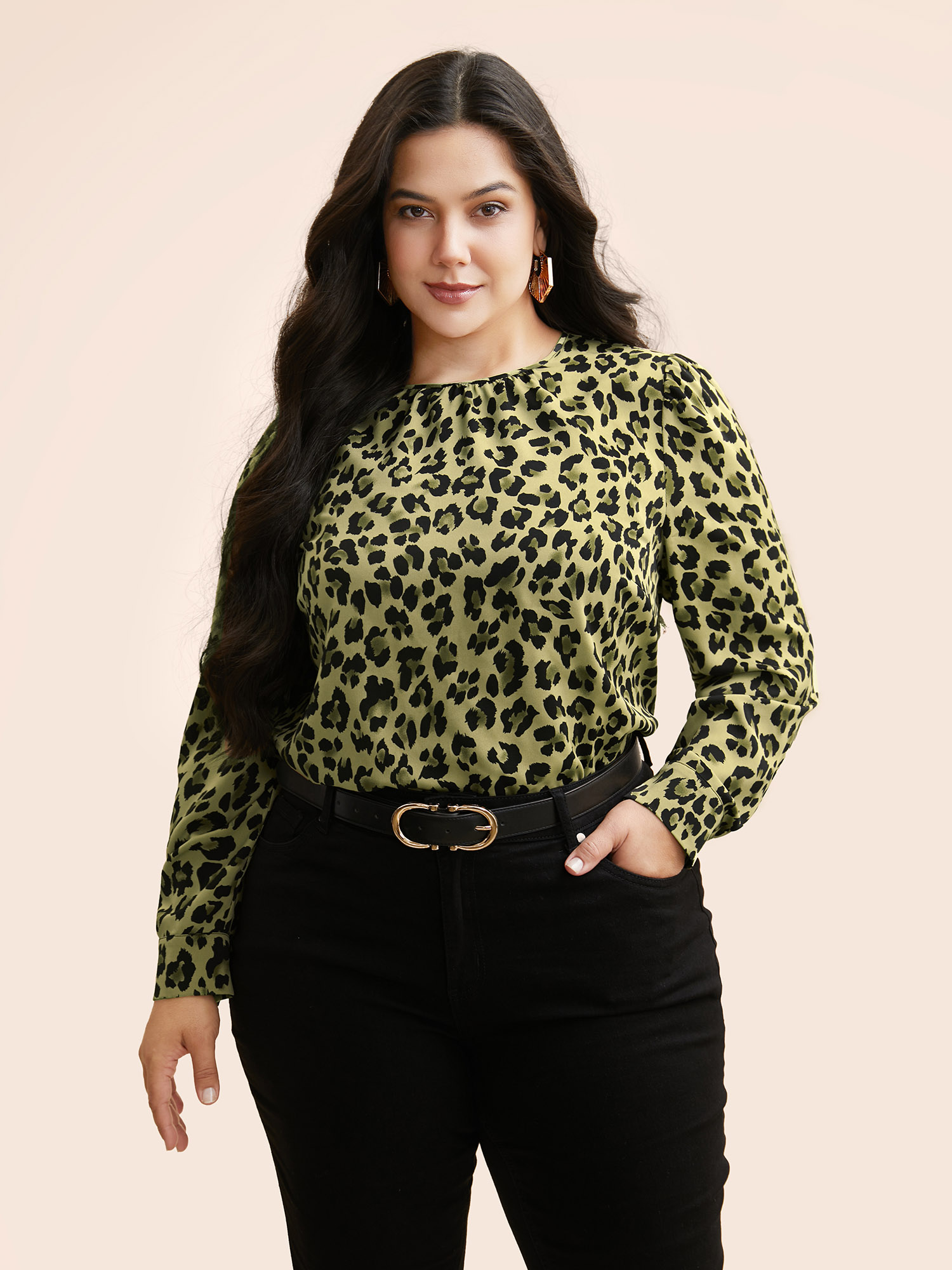 

Plus Size Moss Leopard Print Mock Neck Gathered Blouse Women At the Office Long Sleeve Mock Neck Work Blouses BloomChic