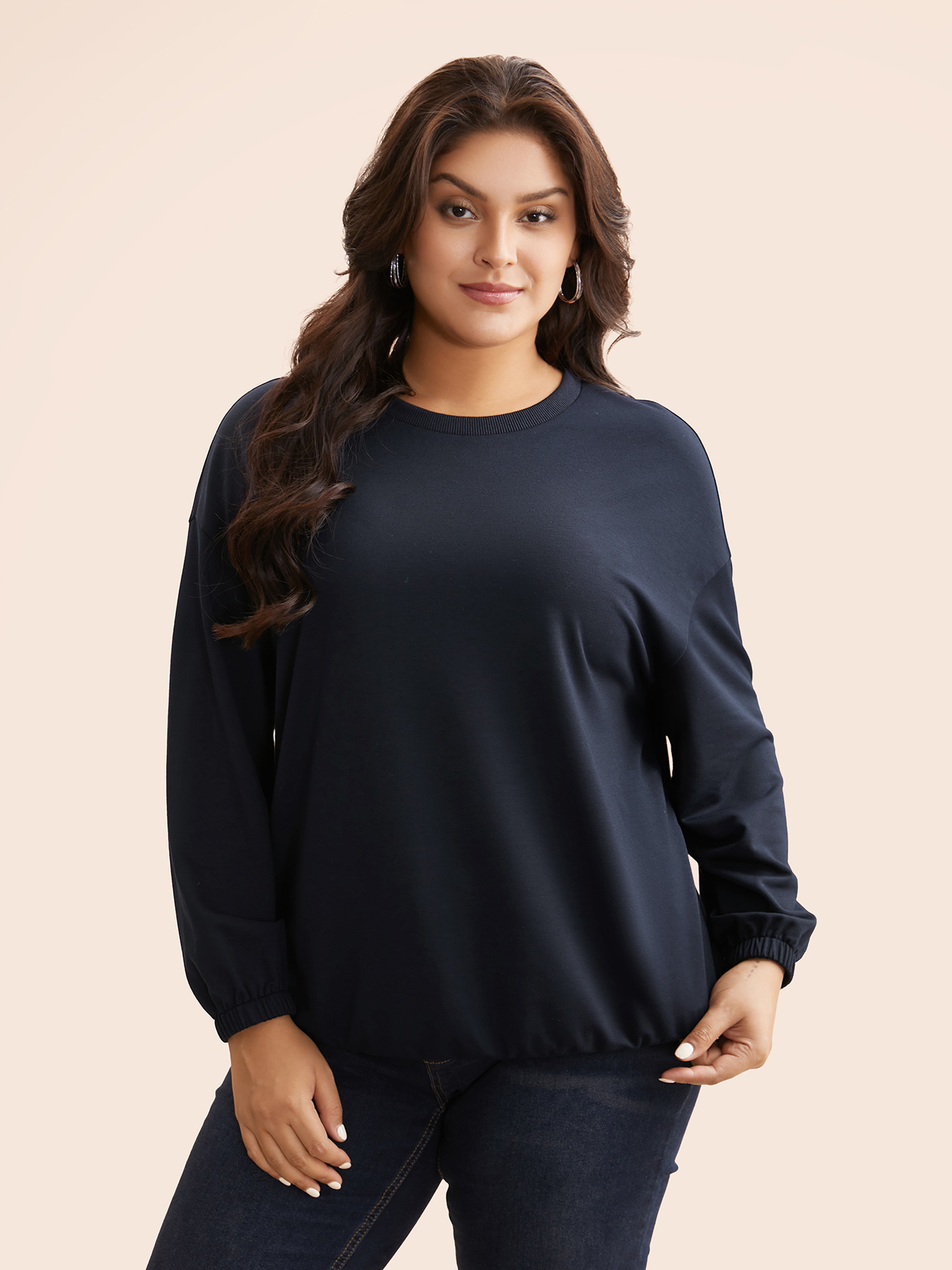 

Plus Size Slightly Stretchy Drop Shoulder Sleeve Sweatshirt Women Indigo Casual Non Round Neck Everyday Sweatshirts BloomChic