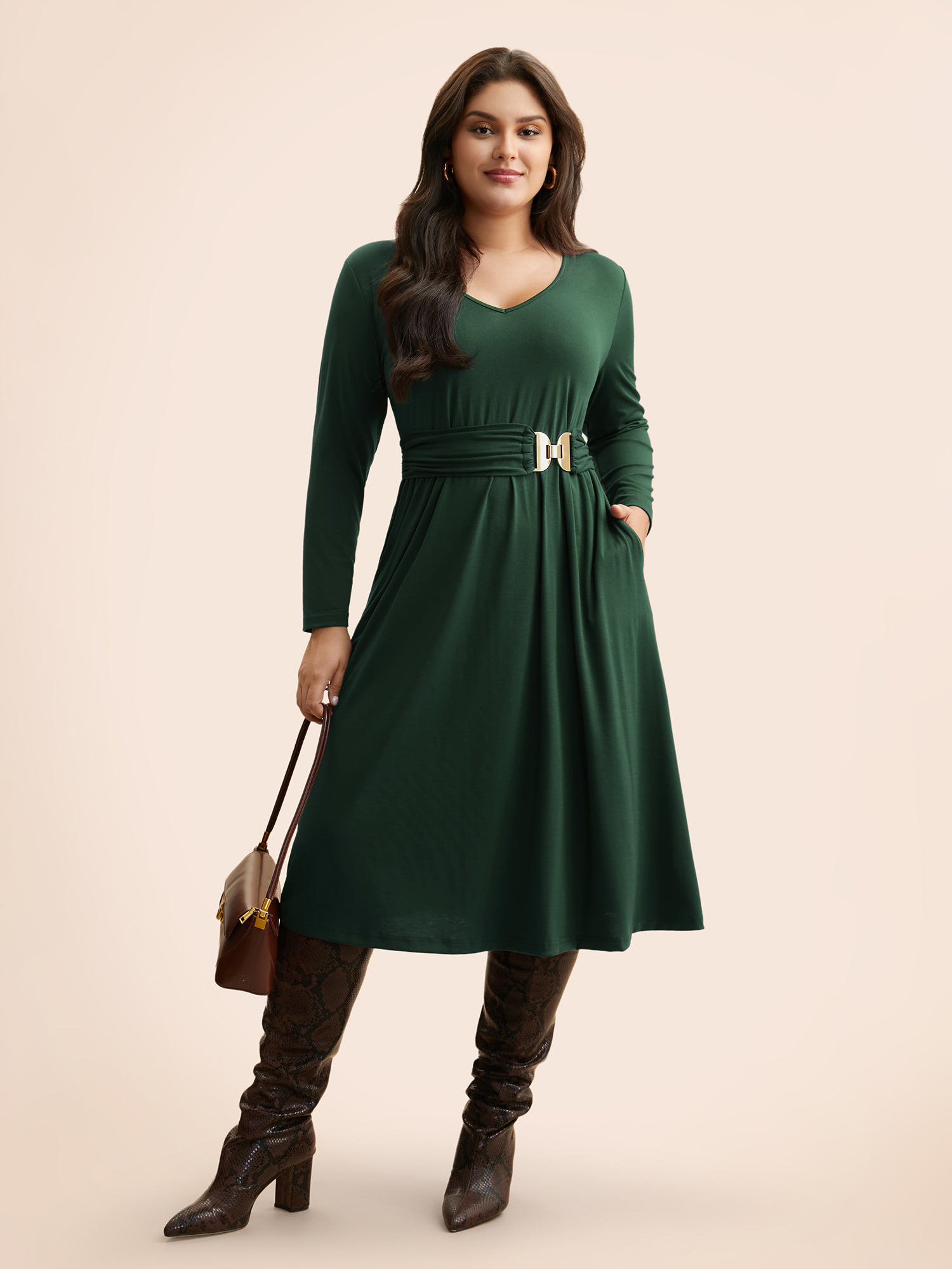 

Plus Size Solid Metal Detail Midi Dress Cyan Women Casual Belted V-neck Long Sleeve Curvy BloomChic