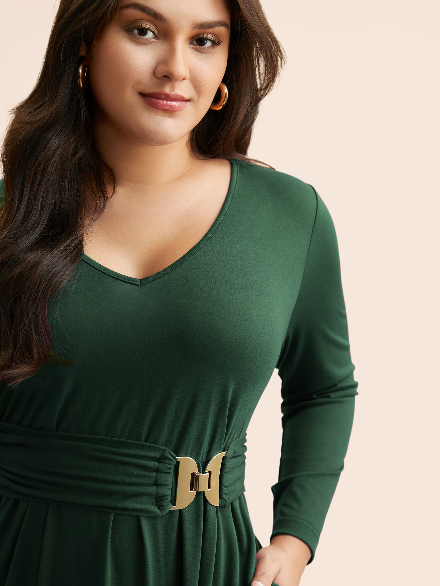 

Plus Size Solid Metal Detail Midi Dress Cyan Women Casual Belted V-neck Long Sleeve Curvy BloomChic