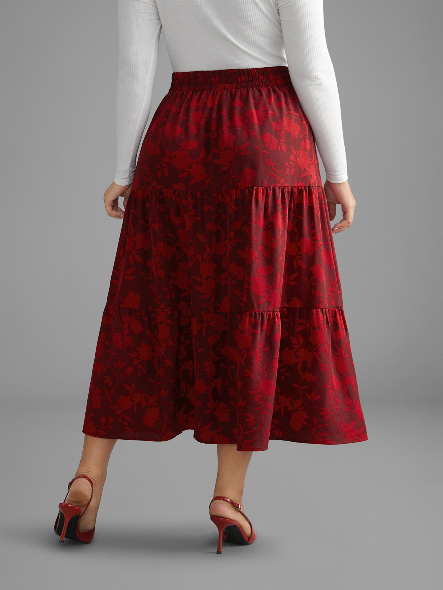 Plus Size Silhouette Floral Print Ruffle Layered Hem Skirt Women Deepred Elegant Loose Low stretch Side seam pocket Everyday Skirts BloomChic 10/M 