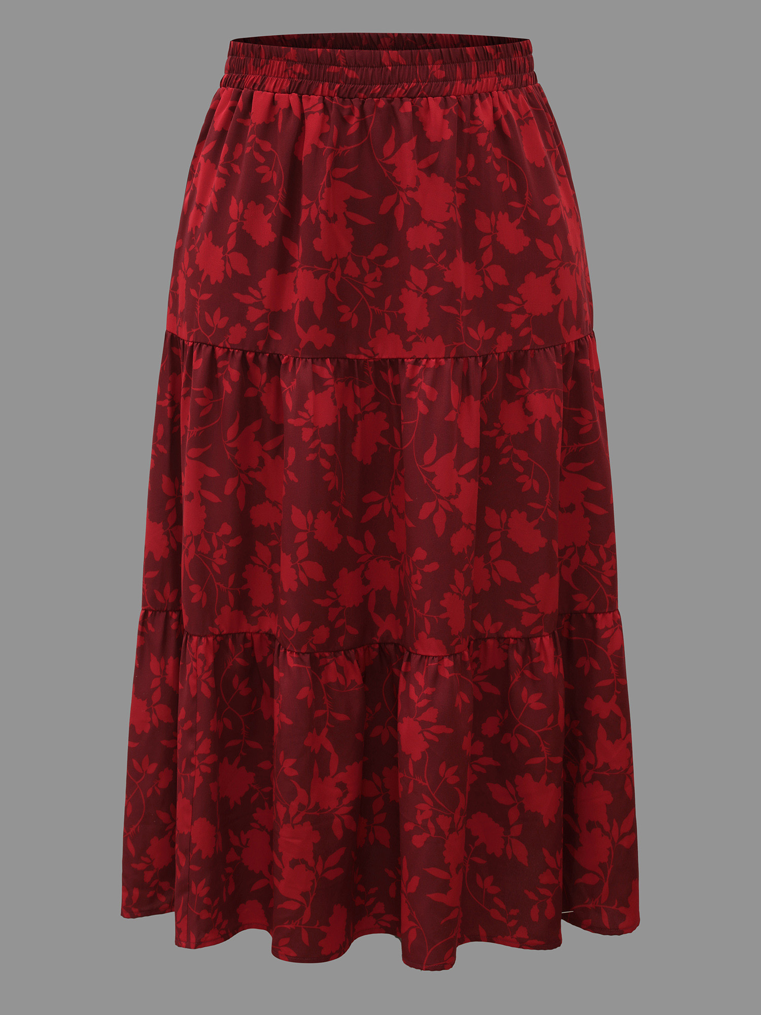 Plus Size Silhouette Floral Print Ruffle Layered Hem Skirt Women Deepred Elegant Loose Low stretch Side seam pocket Everyday Skirts BloomChic 10/M 