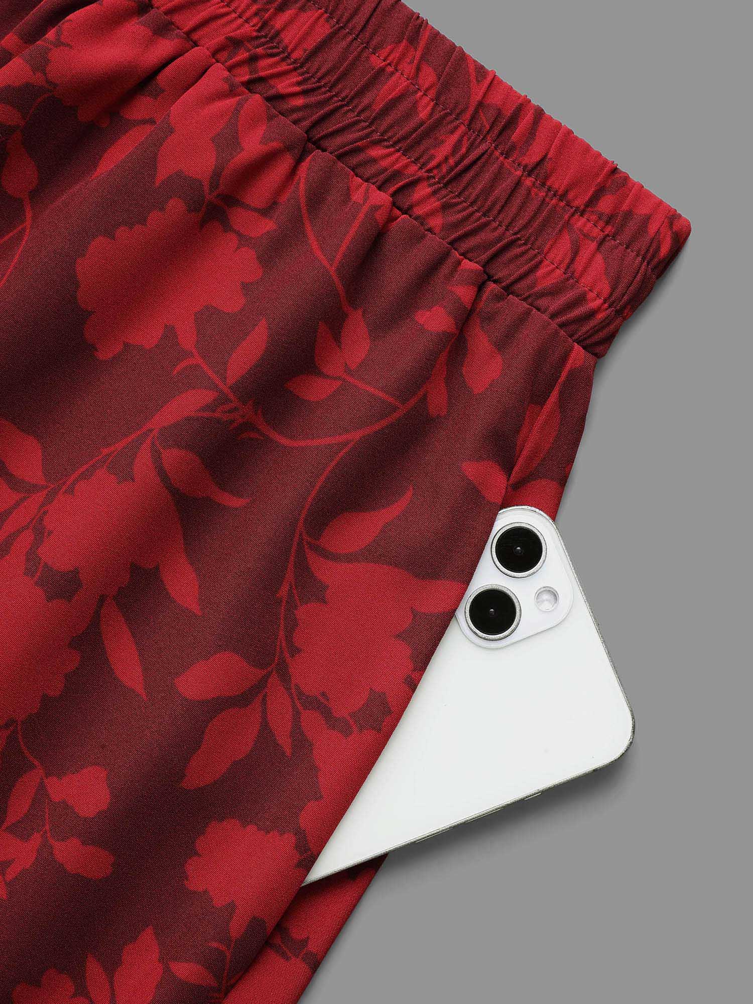 Plus Size Silhouette Floral Print Ruffle Layered Hem Skirt Women Deepred Elegant Loose Low stretch Side seam pocket Everyday Skirts BloomChic 10/M 