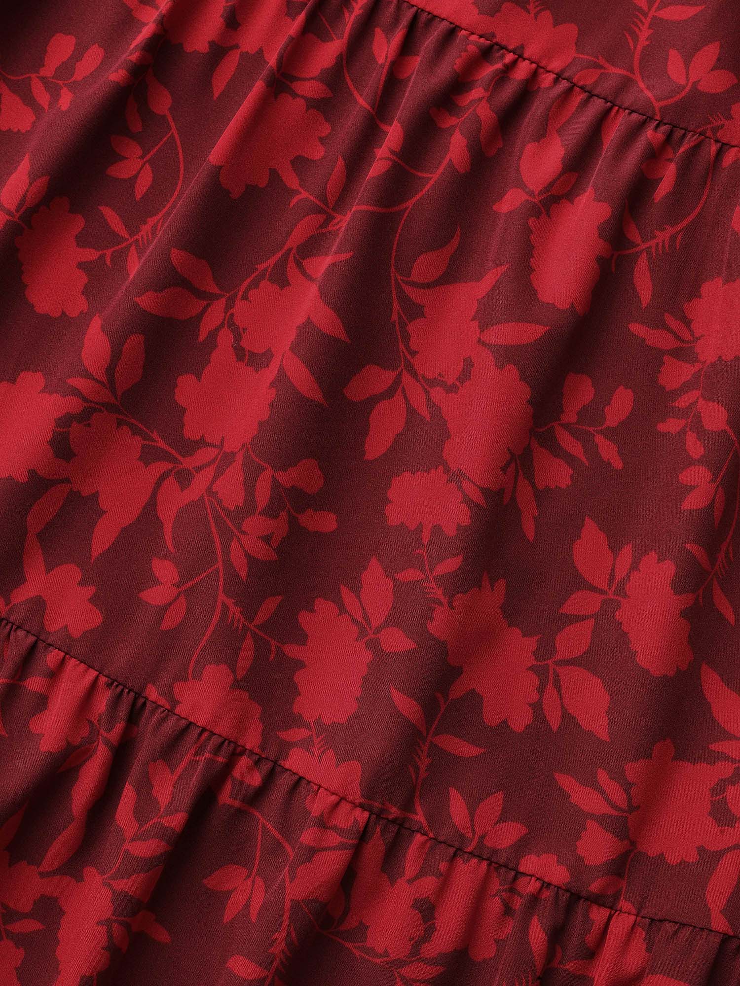 Plus Size Silhouette Floral Print Ruffle Layered Hem Skirt Women Deepred Elegant Loose Low stretch Side seam pocket Everyday Skirts BloomChic 10/M 
